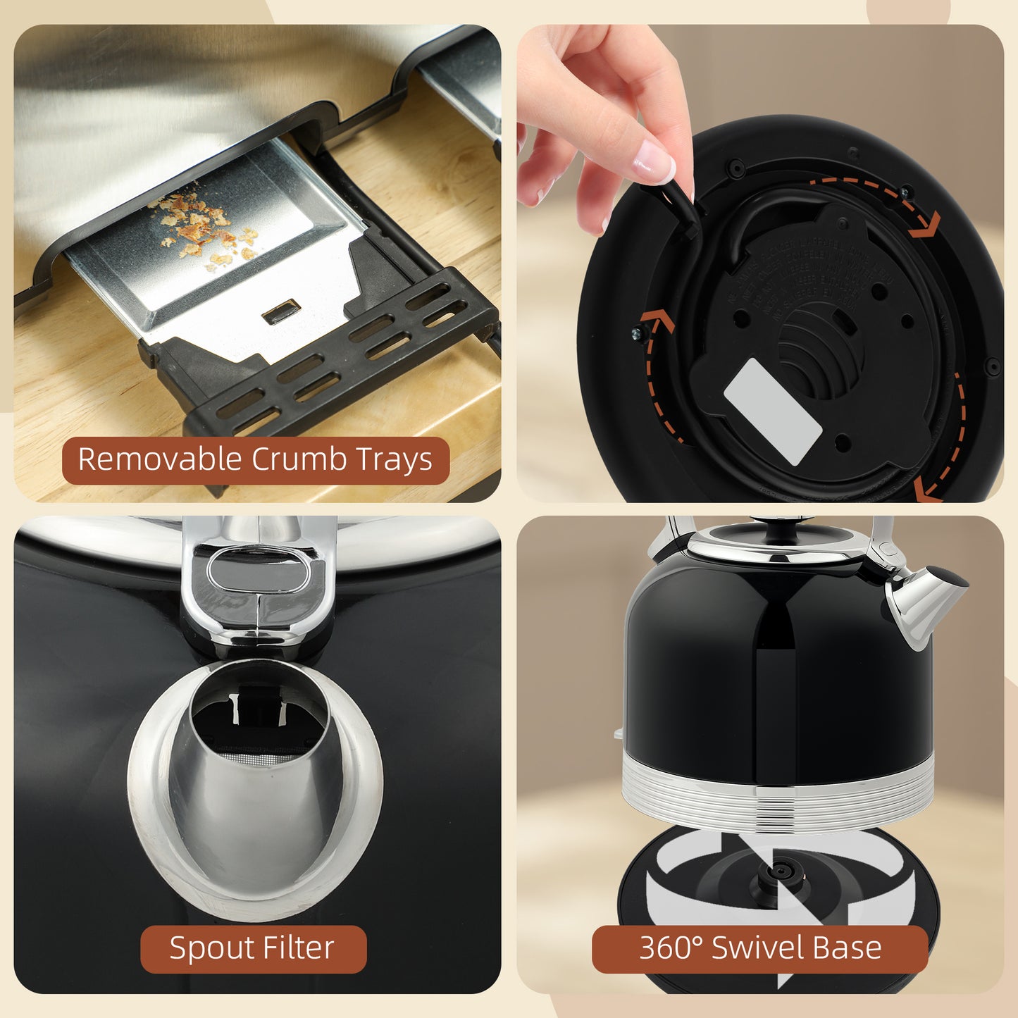 HOMCOM Polished Stainless Steel Kettle and Toaster Set - Black