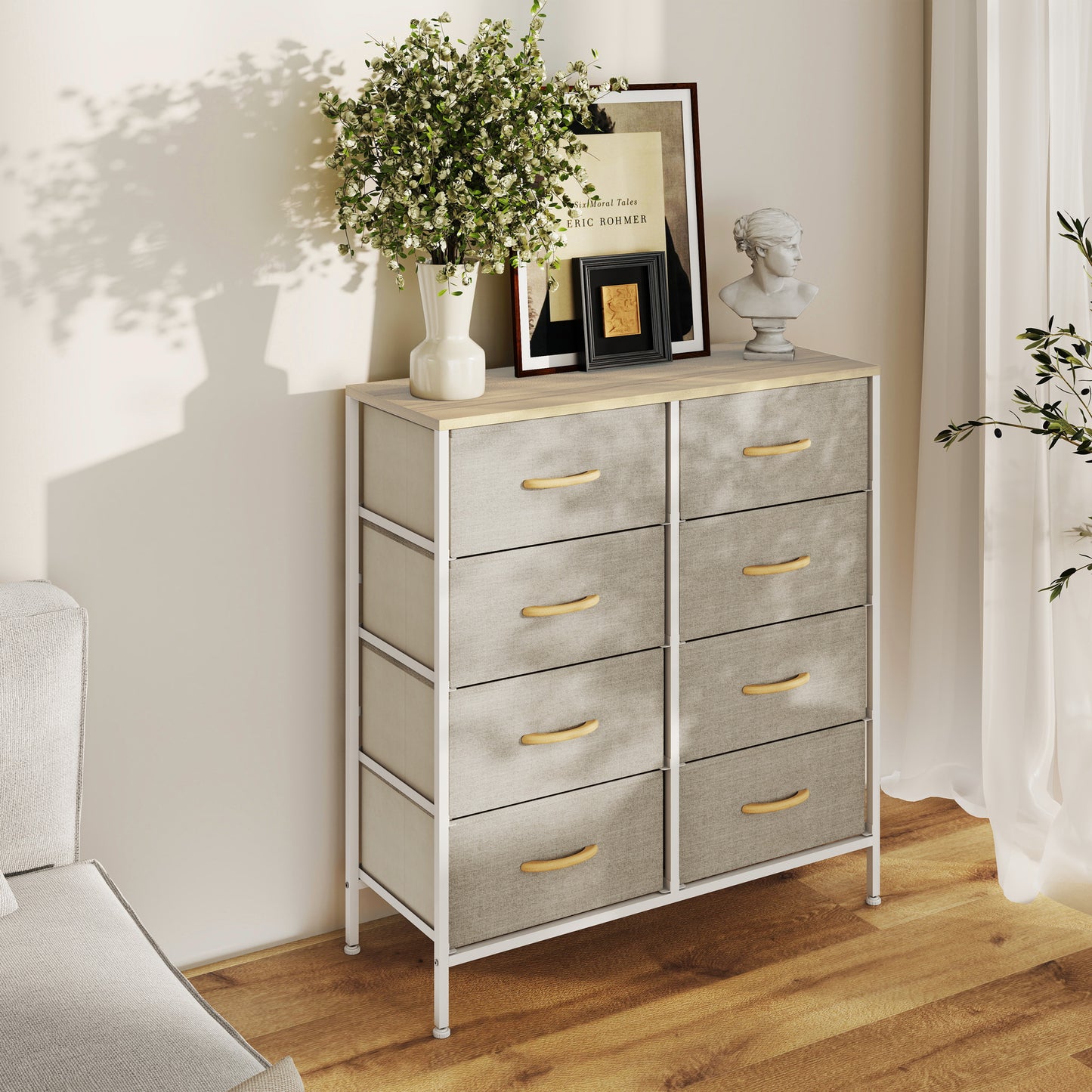 HOMCOM Fabric Chest of Drawers, Industrial Bedroom Dresser with 8 Fabric Drawers, Steel Frame and Wooden Top for Nursery, Living Room, Hallway, Maple Wood-effect