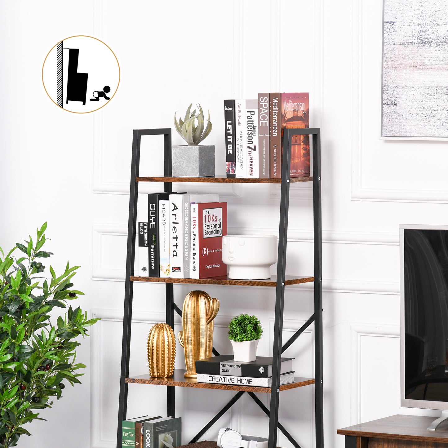 HOMCOM Ladder Shelf, Bookshelf, 4-Tier Industrial Storage Rack for Living Room, Bedroom, Kitchen, Rustic Brown and Black