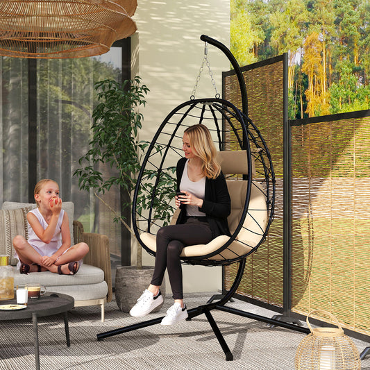Outsunny Hanging Egg Chair Outdoor Indoor Garden Swing Chair with Folding Basket, Thickened Cushion, Garden Hanging Chair with Stand, Headrest for Patio, Balcony, Khaki