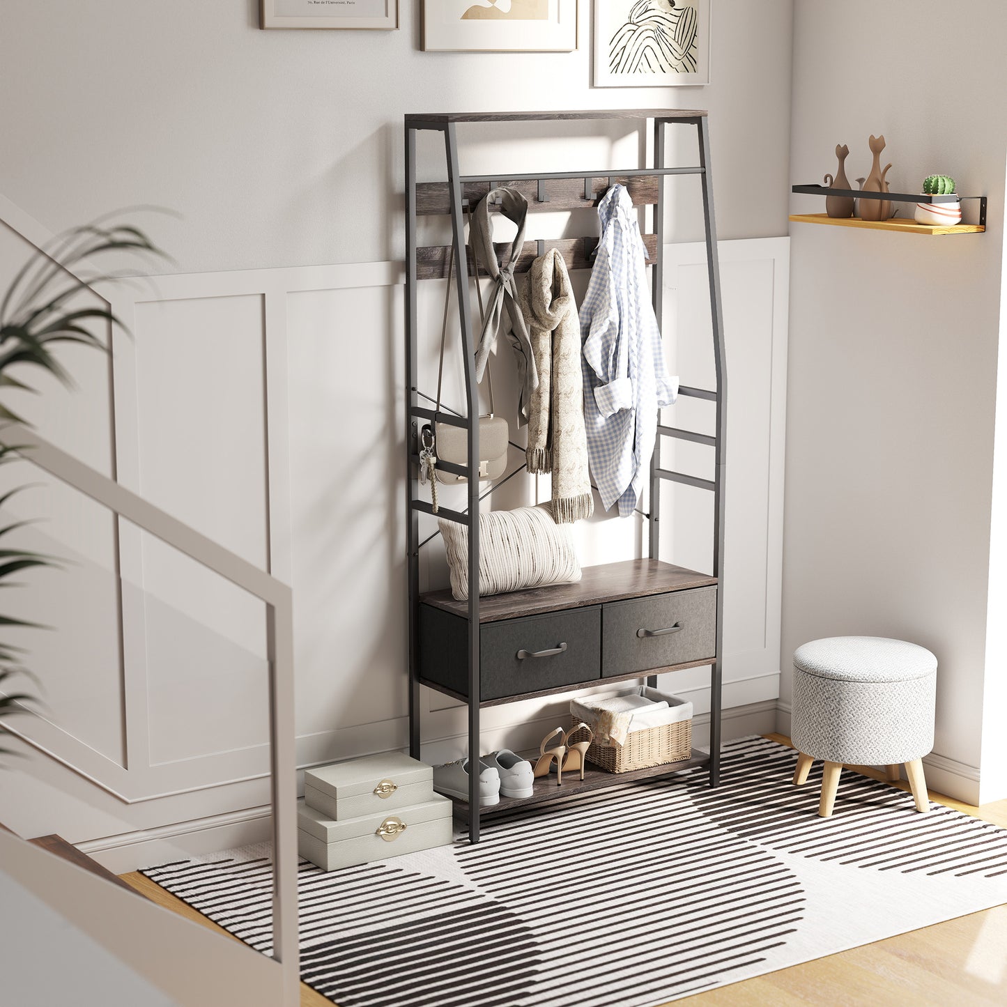 HOMCOM Coat Rack with Shoe Storage, Hall Tree, Industrial Coat Stand with Shoe Bench, 10 Removable Hooks, 2 Fabric Drawers and Clothes Rail for Entryway, Hallway, Grey
