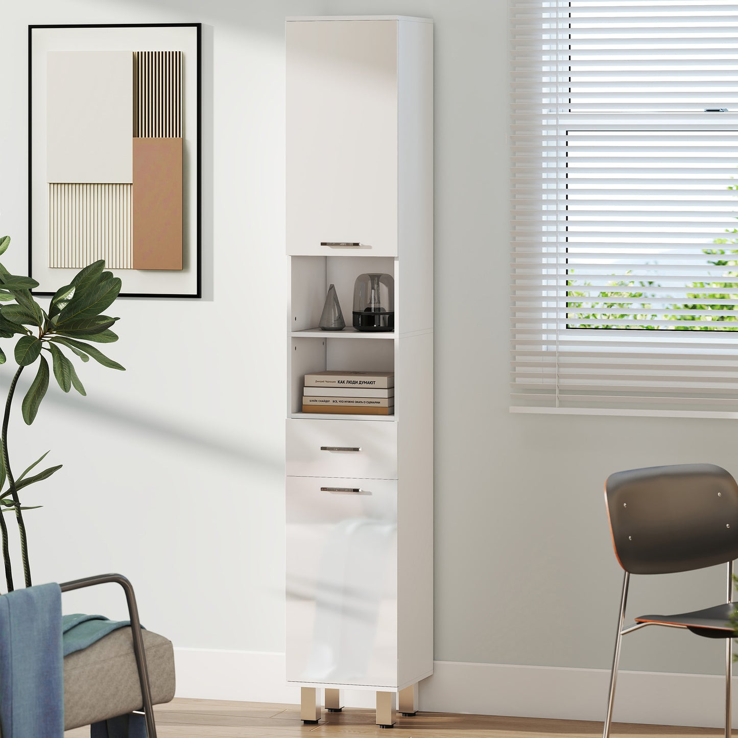 kleankin 71" Tall Slim Bathroom Storage Cabinet, Tall Narrow Cupboard with Drawer, Open Shelves, 2 Doors Cabinets and Adjustable Shelves for Kitchen, Hallway, Living Room, High Gloss White
