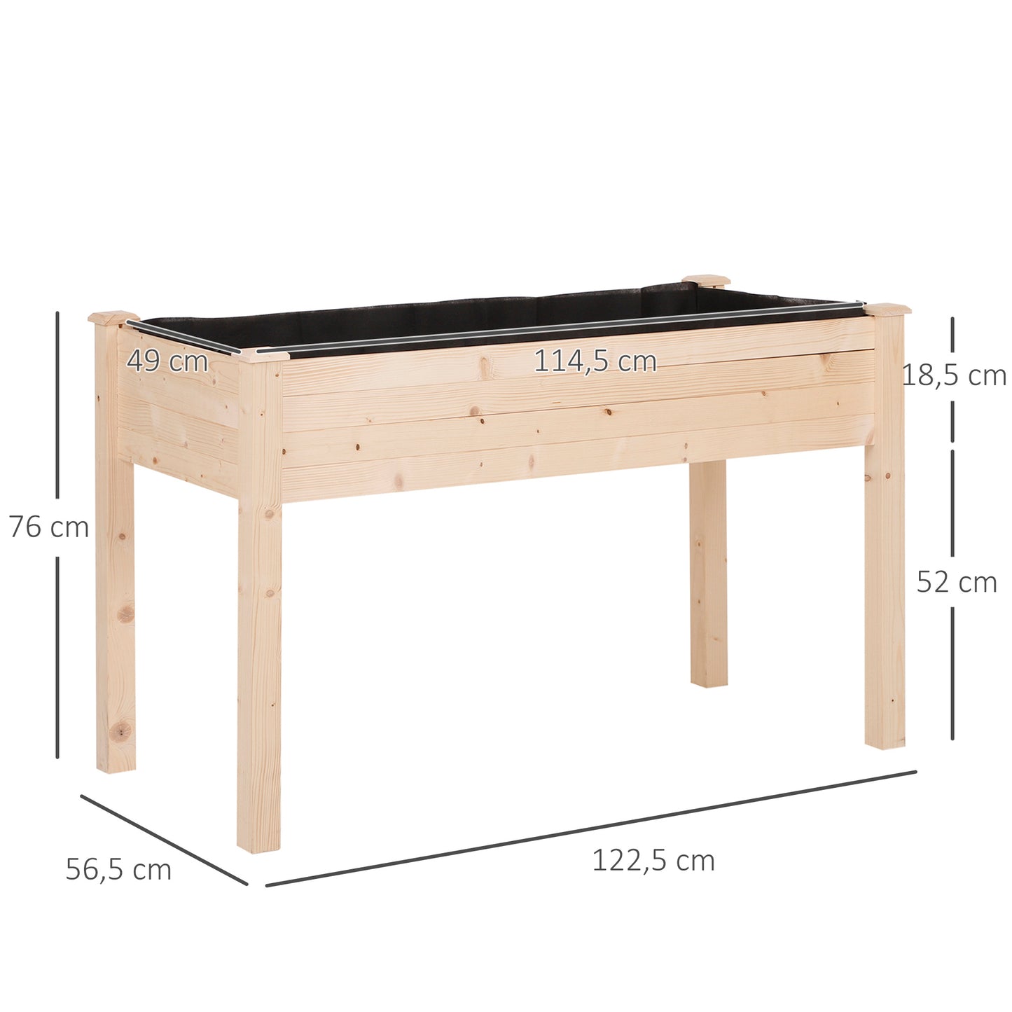 Outsunny Garden Wooden Planters Non-Woven Fabric, Rectangular Raised Bed, Fir Wood Indoor/Outdoor, 122.5Lx56.5Wx76H cm