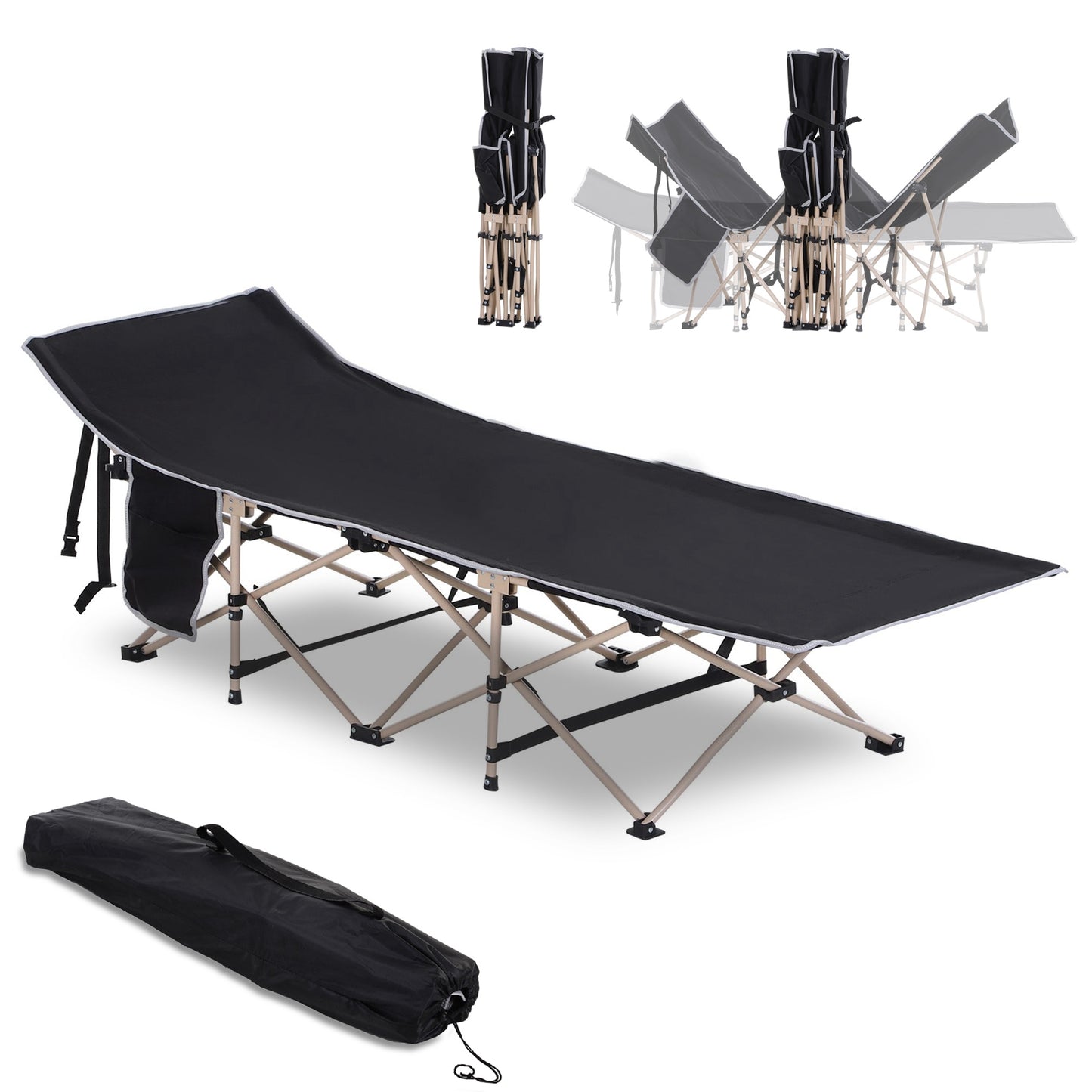 Outsunny Single Person Camping Bed Folding Cot Outdoor Patio Portable Military Sleeping Bed Travel Guest Leisure Fishing with Side Pocket and Carry Bag - Black