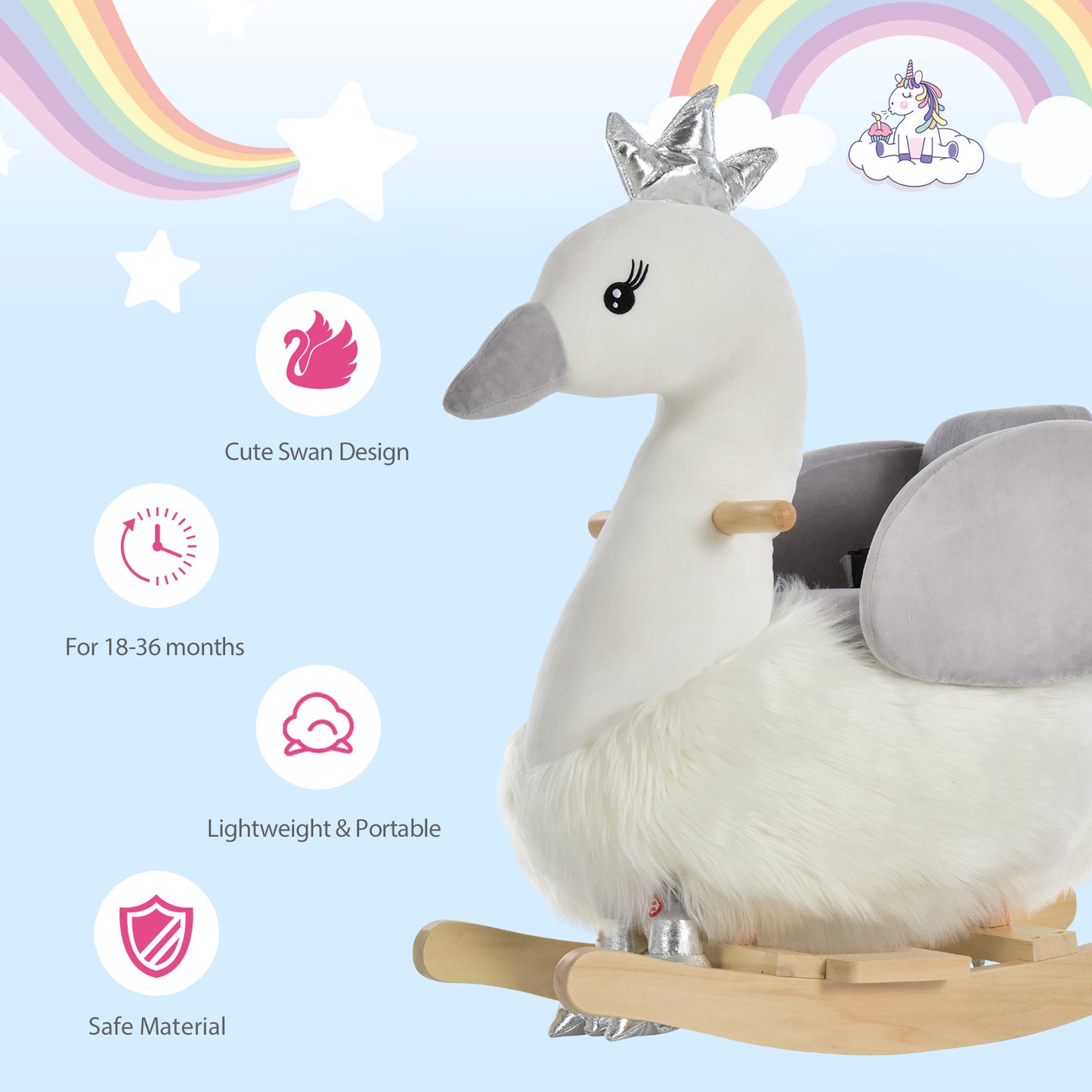 HOMCOM Kids Rocking Horse, Children Plush Ride On Swan Animal Rocker w/ Sound, Wood Base Seat, Safety Belt, Baby Toy Rocker for Toddler 18 - 36 Months, White and Grey