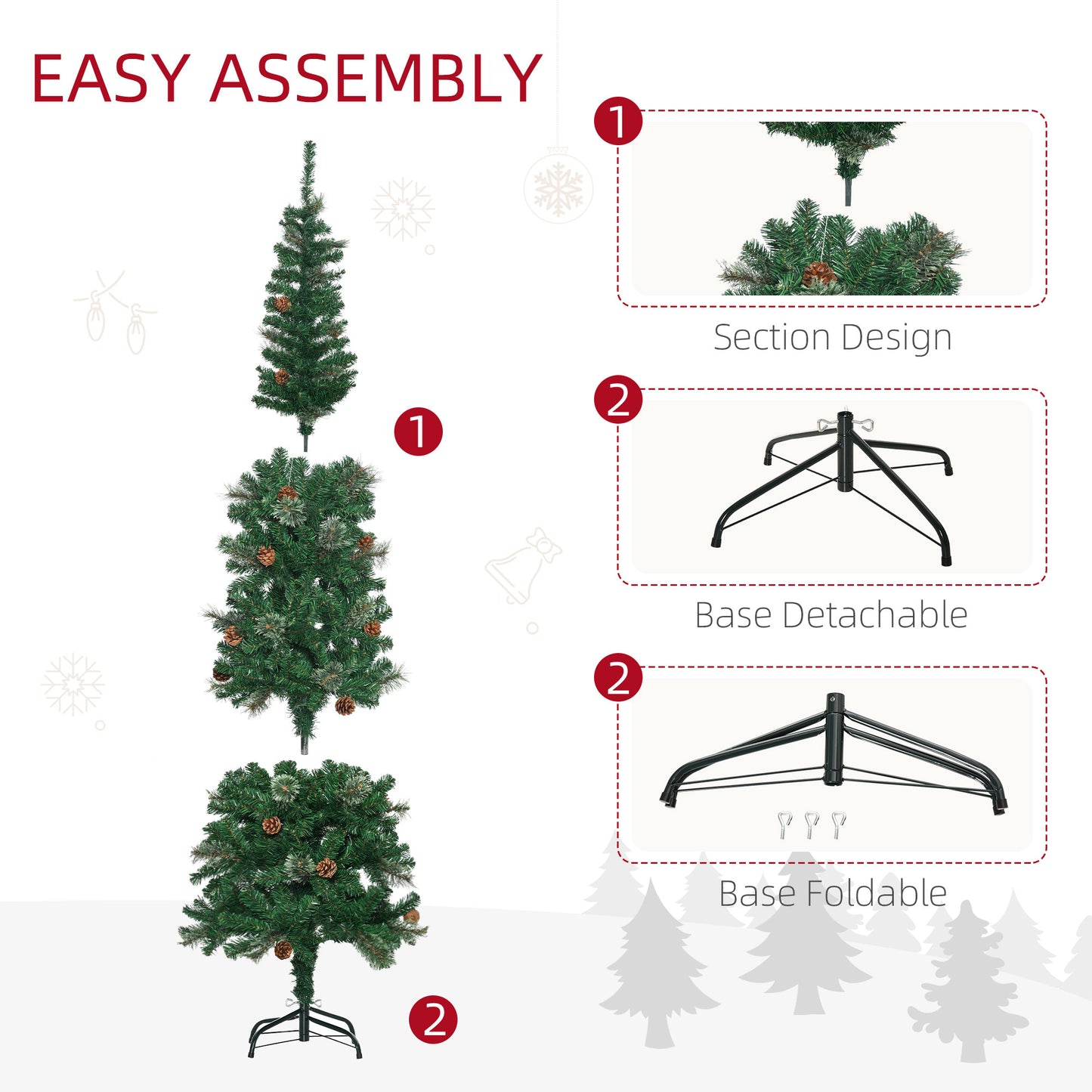 HOMCOM 6.5FT Tall Pencil Slim Artificial Christmas Tree with Realistic Branches, Tip Count and Pine Cones, Pine Needles Tree, Xmas Decoration, Green