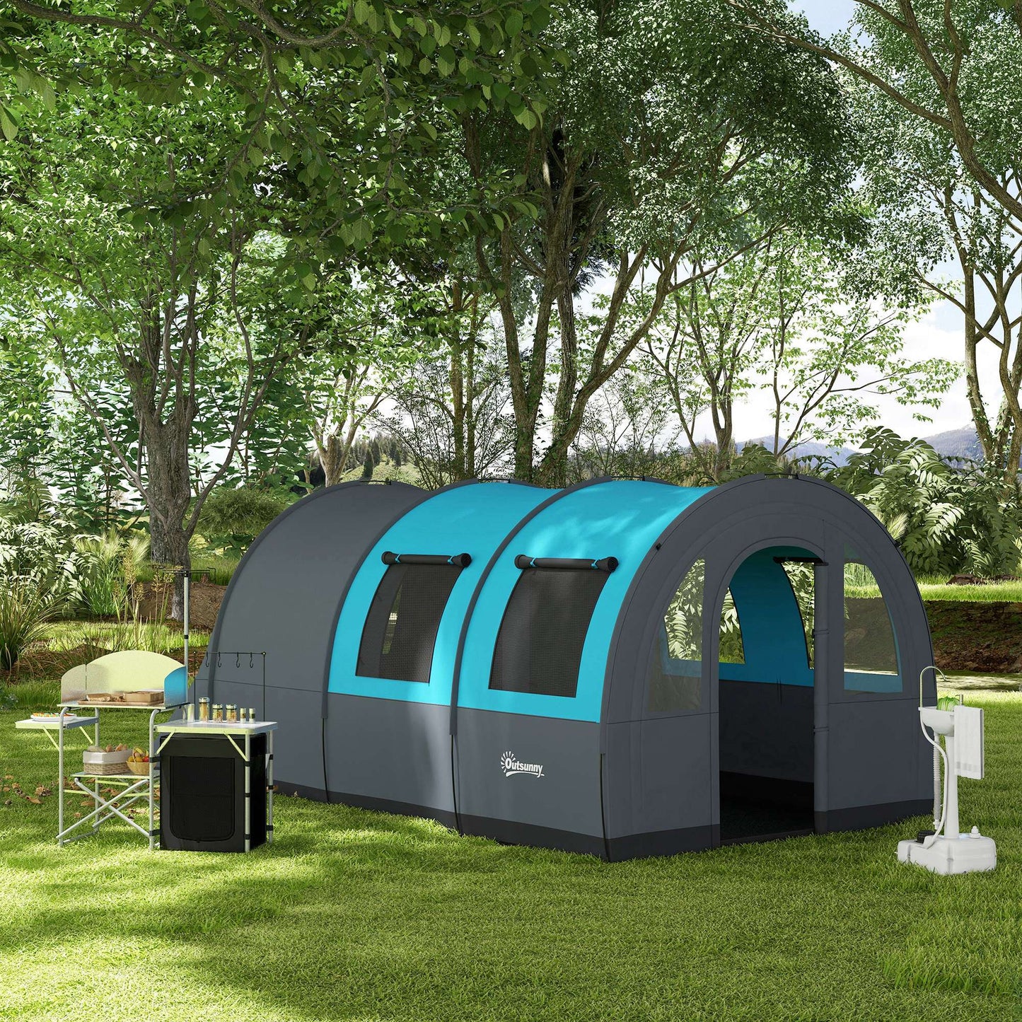 Outsunny Three Man Duo Room Tunnel Tent, with Accessories - Grey/Blue