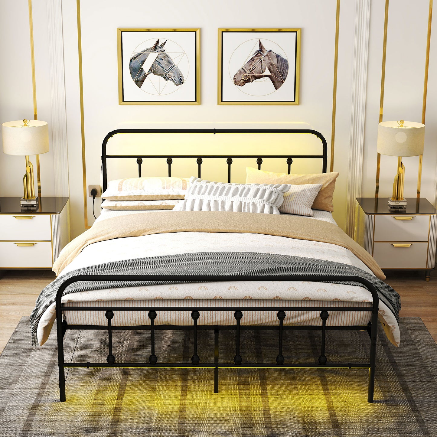 HOMCOM King Bed Frame with LED Lights and Charging Station, Metal Platform Bed Frame with Under Bed Storage, Black