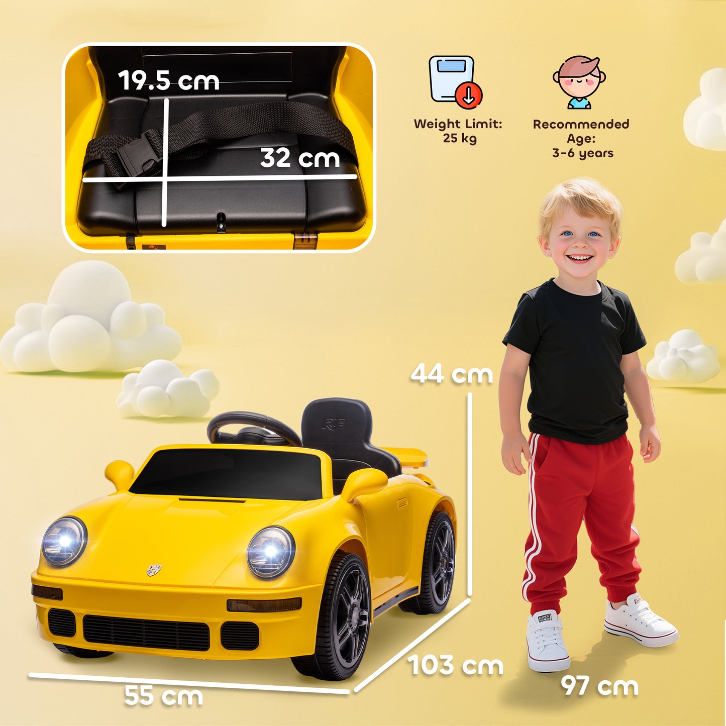 AIYAPLAY Licensed RUF CTR 2017-Yellowbird Electric Car for Kids, with Remote Control, Soft Start, MP3 Player, LED Lights, Yellow