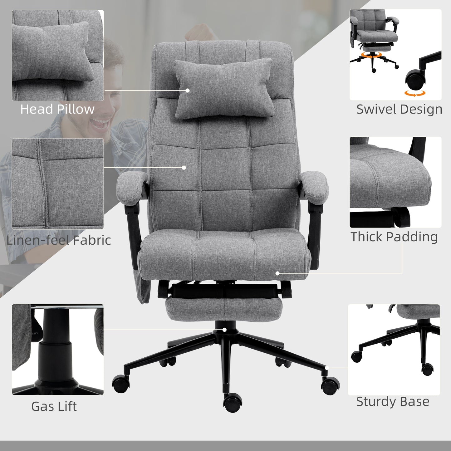 Vinsetto Office Chair with 6-point Vibration Massage and Heat, Computer Chair with Adjustable Height, Head Pillow, Footrest for Home, Grey