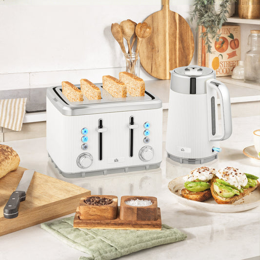 HOMCOM Electric Stainless Steel Kettle and Toaster Set, 3000W 1.7L UK Strix Thermostat Fast Boil Kettle w/ Limescale Filter, Cool Touch Body, 4 Slice Toaster with 7 Browning Levels, Crumb Tray, White