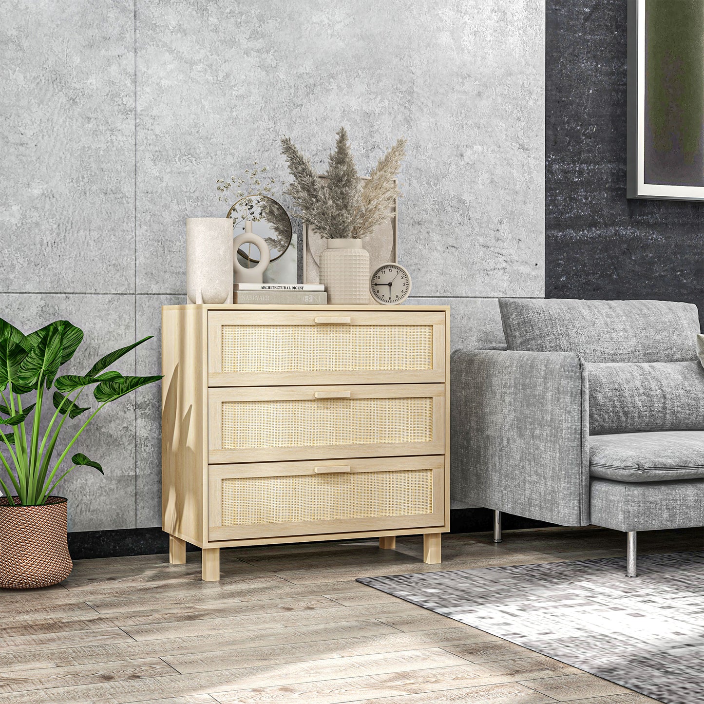 HOMCOM Chest of Drawer and Nightstands, Boho Rattan Furniture Set, Nature Wood Finish