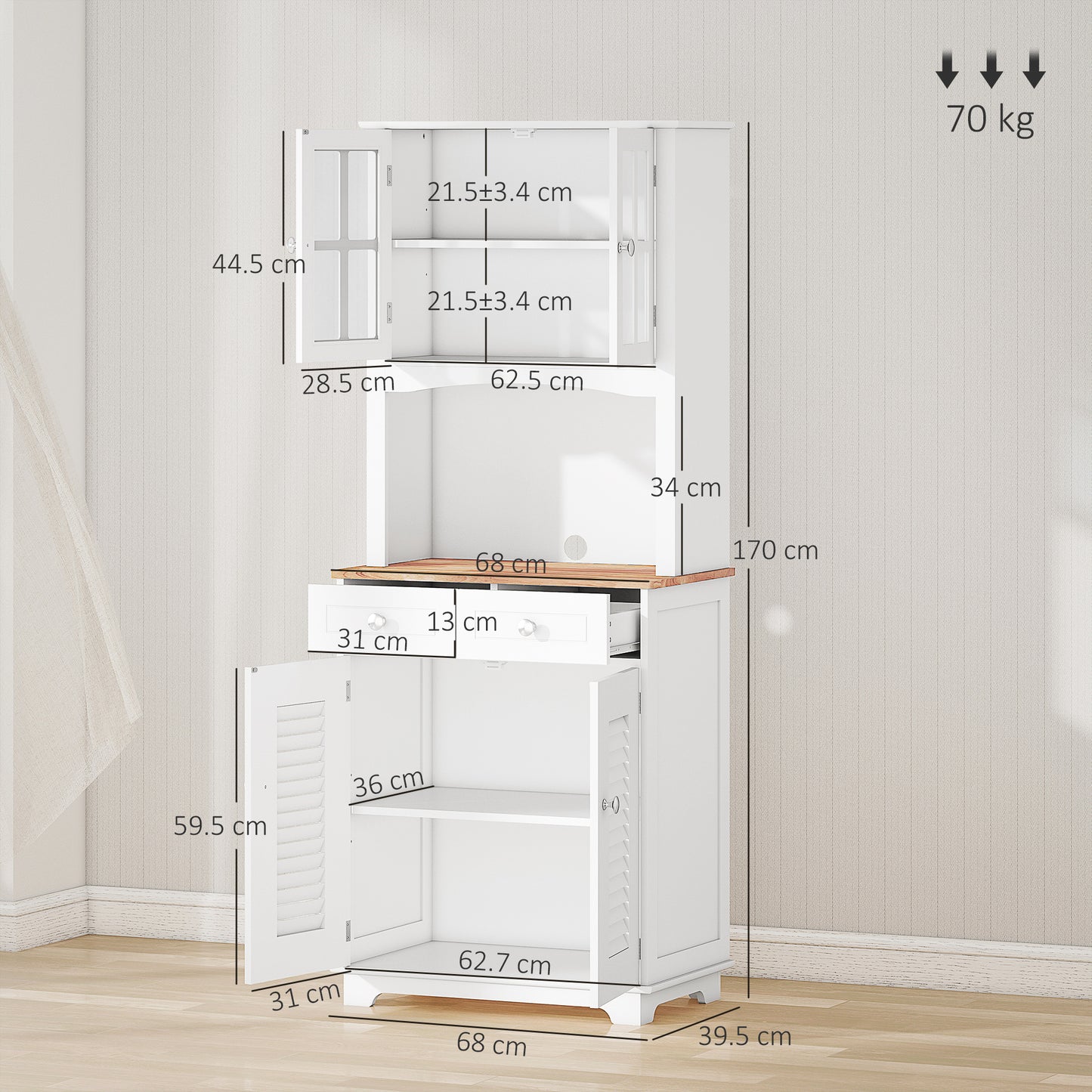 HOMCOM Modern Kitchen Cupboard, Louvered Kitchen Storage Cabinet with Framed Glass Doors and 2 Drawers, White