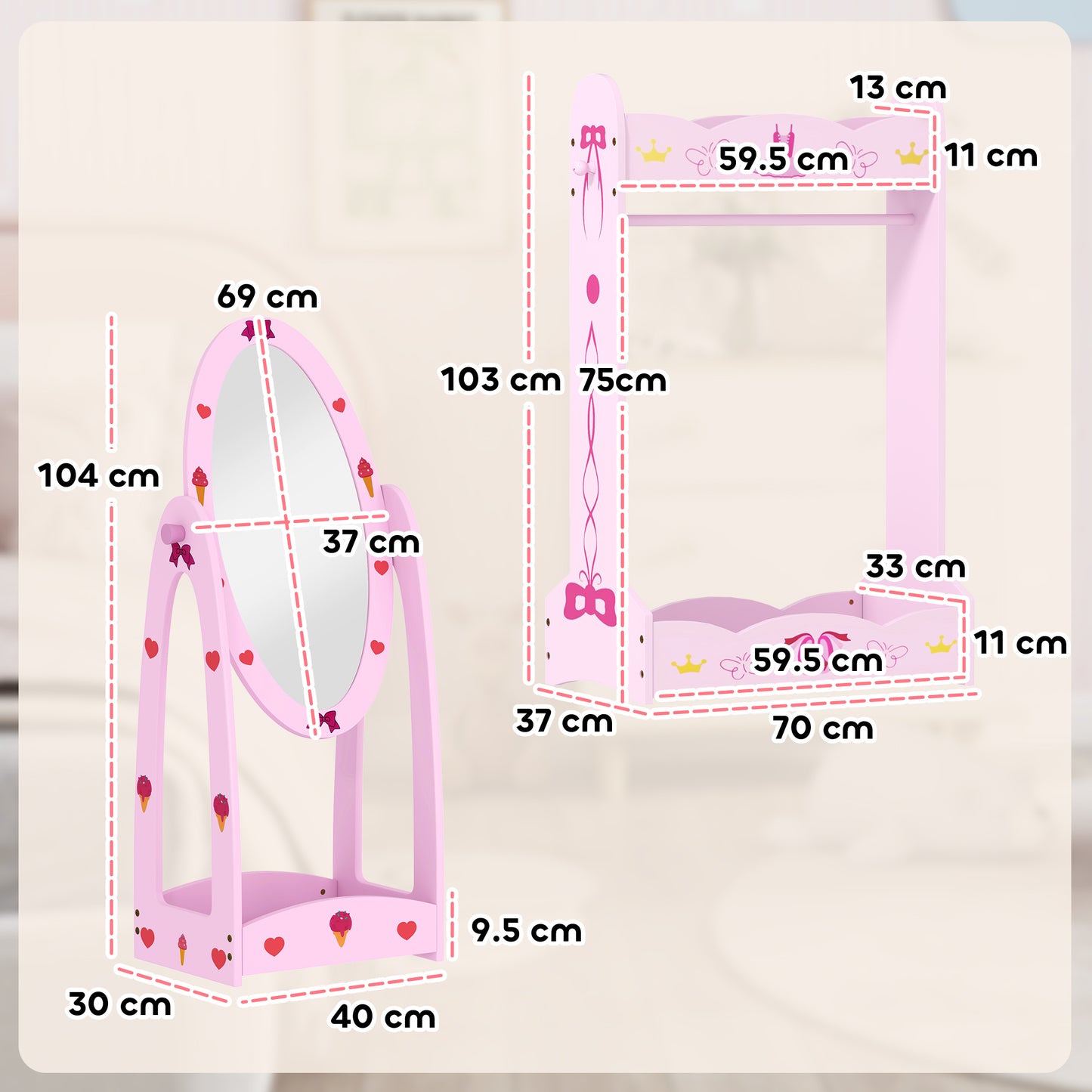AIYAPLAY Kids Clothes Rail, Kids Dressing Mirror with 360° Rotating, 2 Piece Kids Furniture Set with Storage Shelves, Pink