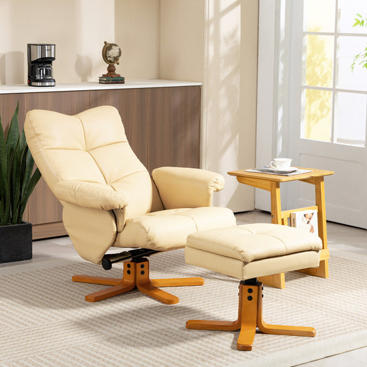 HOMCOM PU Leather Swivel Recliner Chair with Footstool, Wooden Base and Storage for Living Room, Beige