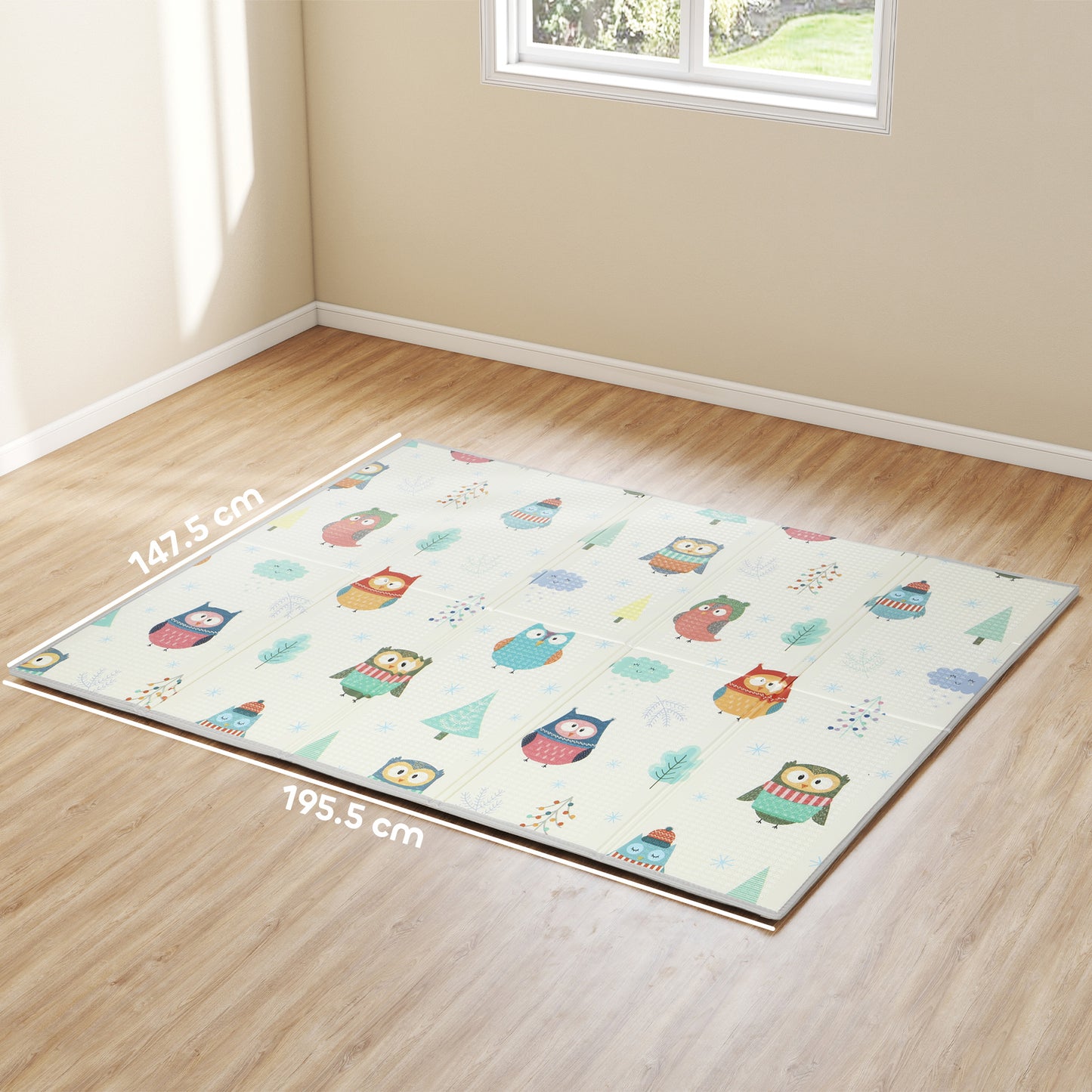 AIYAPLAY Foldable Baby Plat Mat Double Sided, Kids Floor Mat for Crawling, 195.5L x 147.5W cm, Car track and Owl Theme