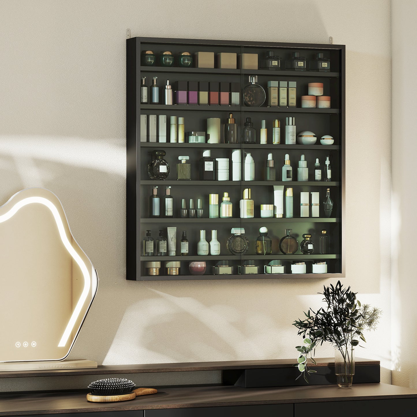 HOMCOM Six Shelf Display Cabinet, with Glass Doors - Black
