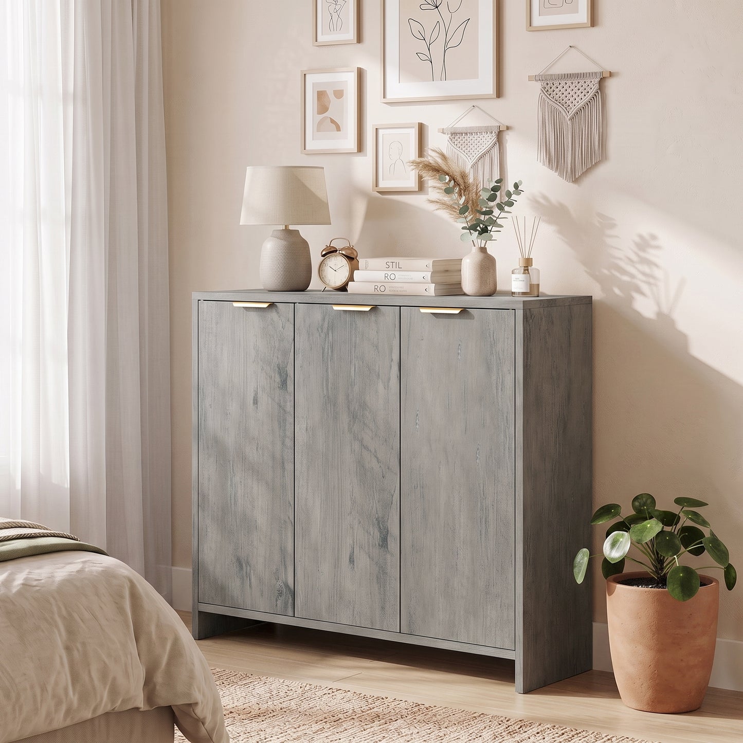 HOMCOM Sideboard Cabinet, Modern Storage Cabinet with 3 Doors and Adjustable Shelves for Living Room, Dining Room, Grey
