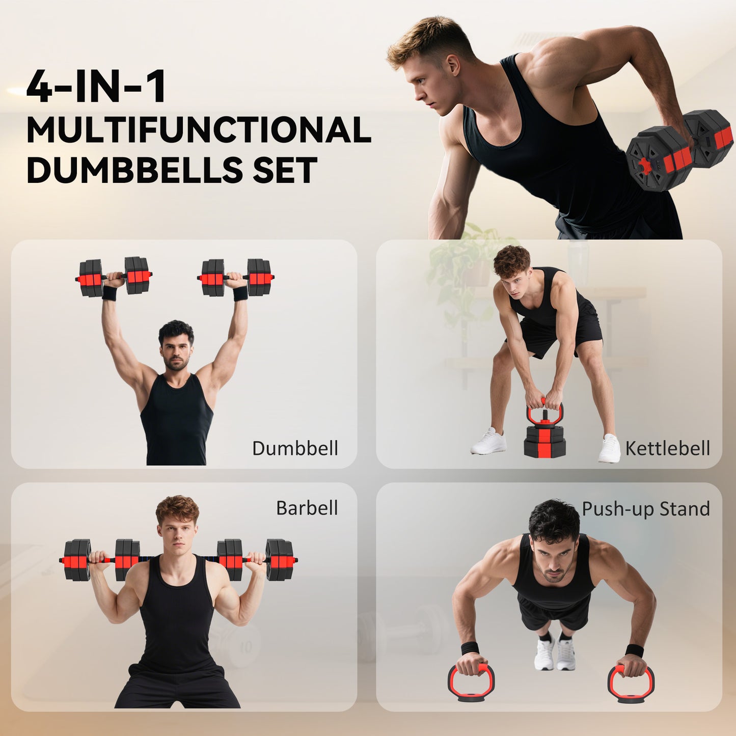 SPORTNOW 4-in-1 Adjustable Weight Dumbbells Set, Used as Kettlebell, Barbell, Dumbbell, Push-Up Stand, 30kg Free Weights Set for Men and Women Home Gym Training, Red