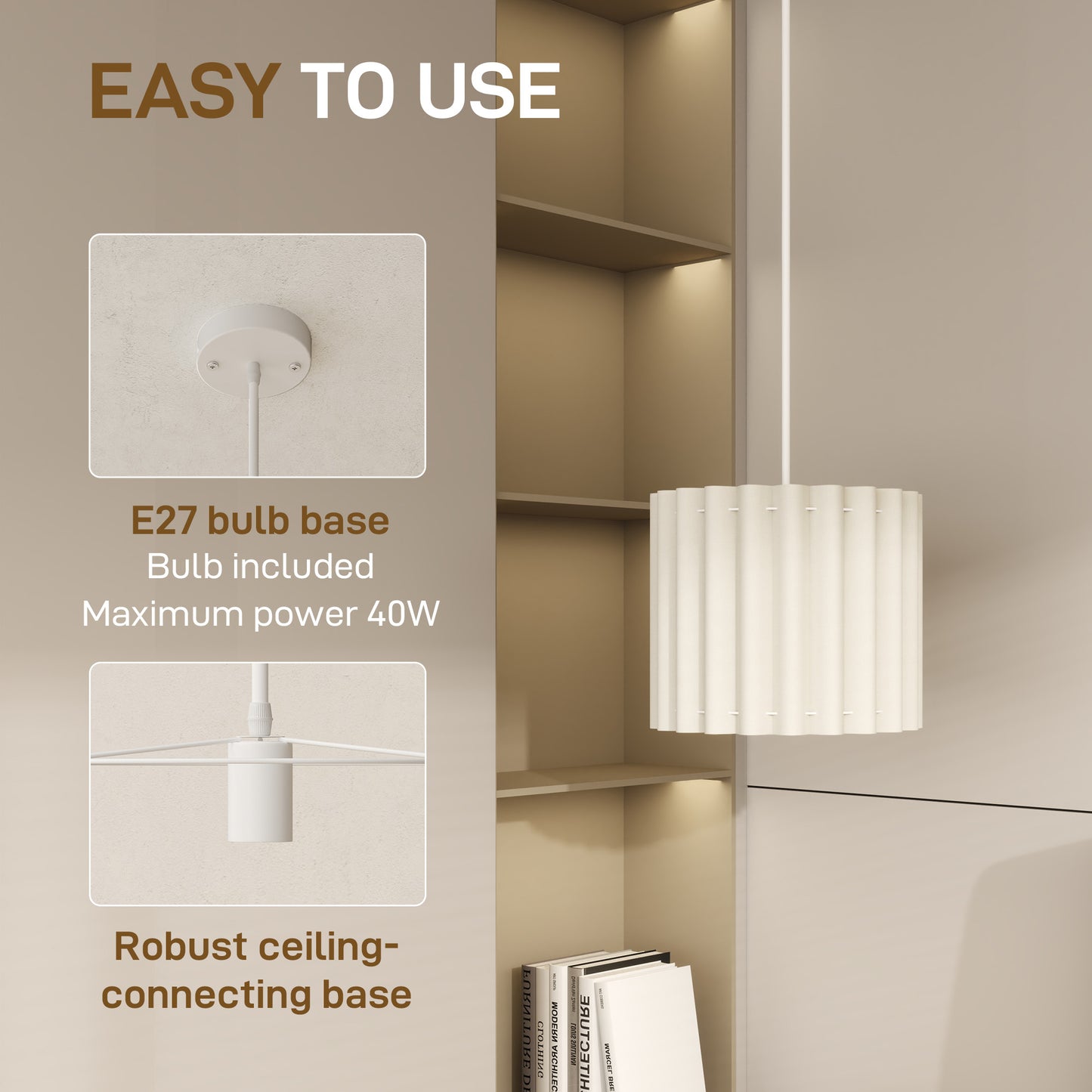 HOMCOM Linen Pendant Light, Bedside Ceiling Lamps with E27 Bulb, Modern Hanging Lights for Living Room, Bedroom, Kitchen, Hallway, White