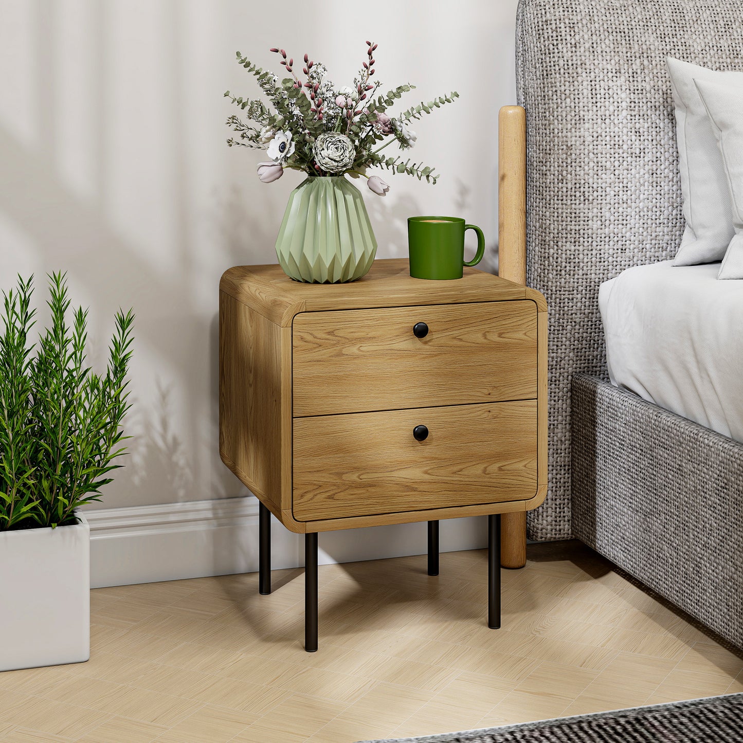 HOMCOM Bedside Table with 2 Drawers and Steel Legs - Oak