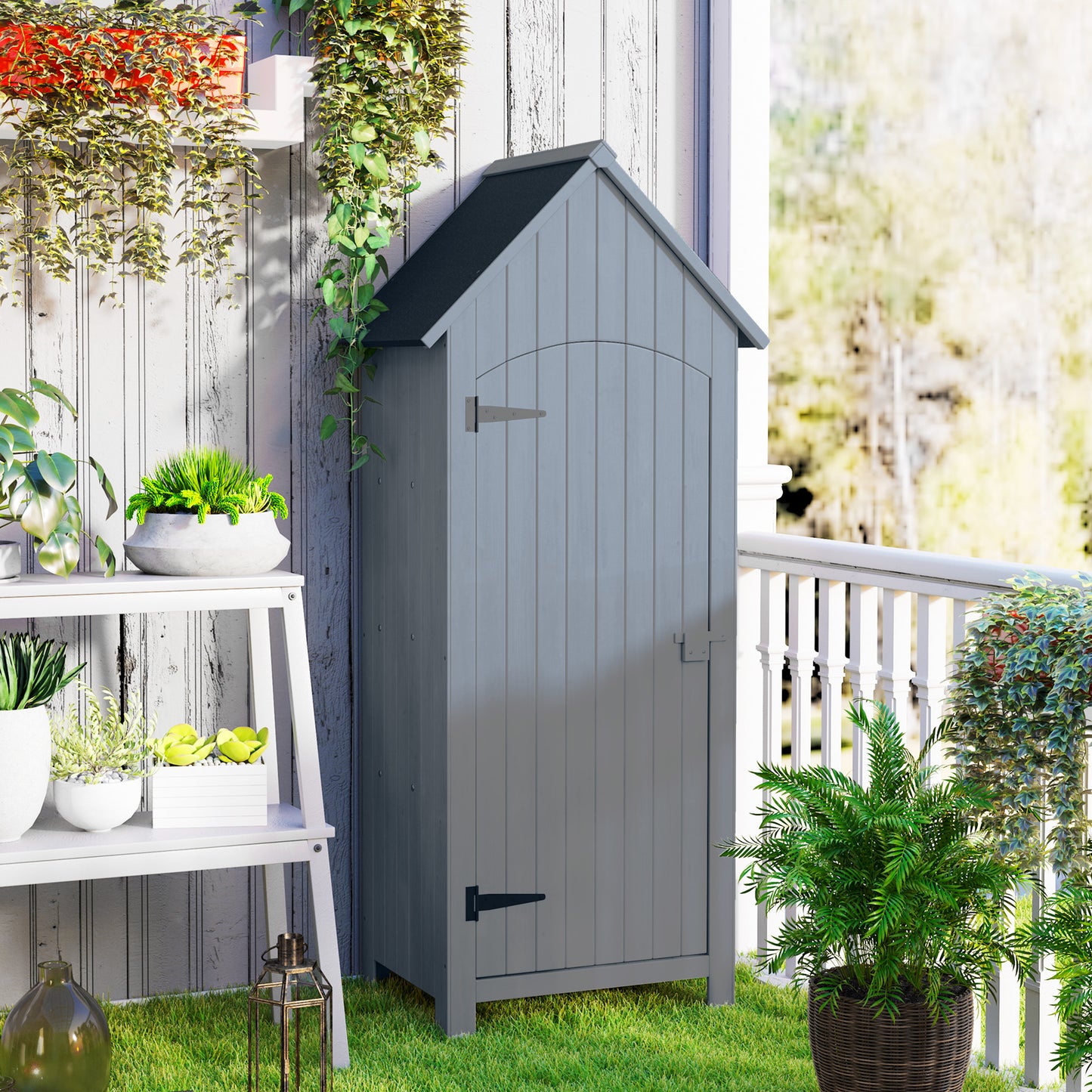 Outsunny Wooden Garden Storage Shed with 3 Shelves, Outdoor Tool Storage Cabinet with Tilt Roof and Lockable Door, 77.5 x 54.2 x 179.5 cm, Grey