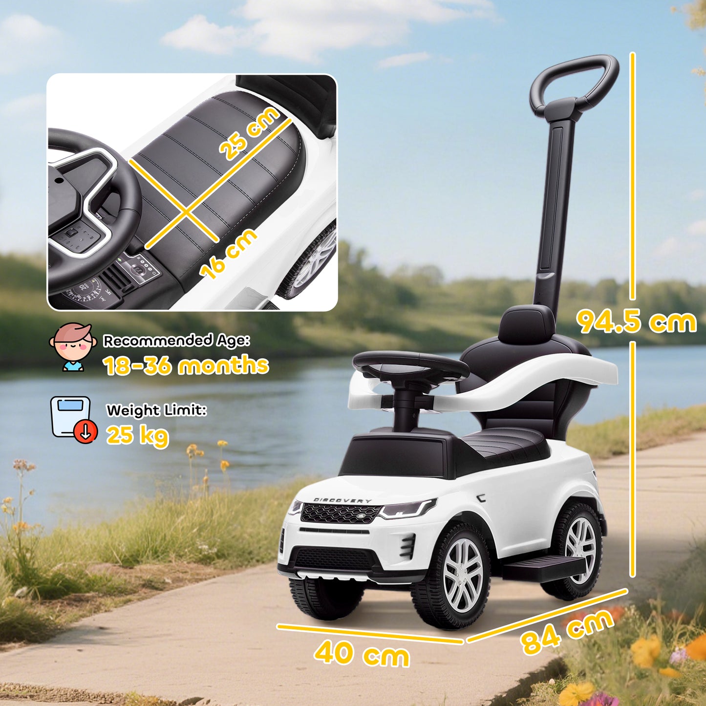 AIYAPLAY LAND ROVER DISCOVERY Licensed Baby Push Car, 2-in-1 Ride on Car with Push Handle and Safety Guardrail, White