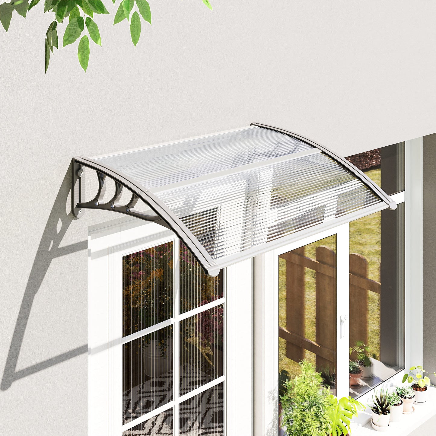 Outsunny Front Door Canopy Outdoor Awning Aluminium Rigid Plastic Polycarbonate Rain Shelter UV Water Rain Resistant 100 x 75cm Clear