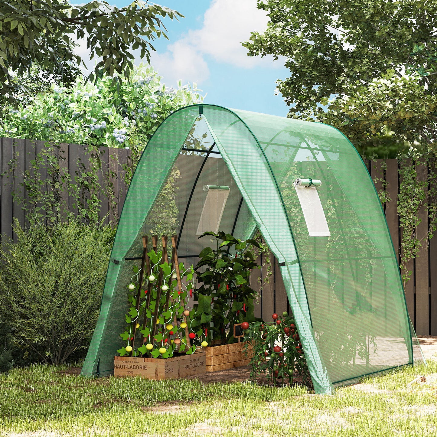 Outsunny Hoop House Greenhouse with Sandbags, Walk-In Tunnel Green House with 2 Doors and Screen Windows, 1.8 x 1.8 x 2m, Green