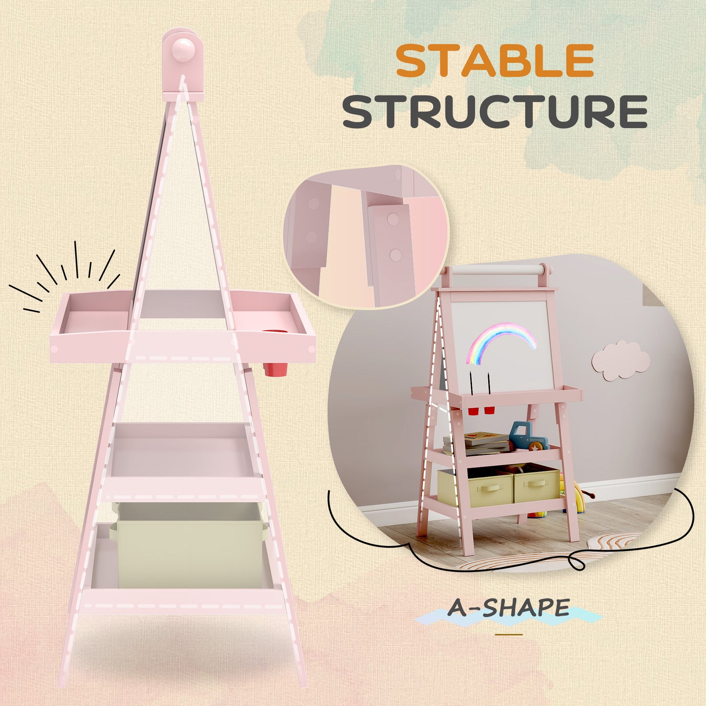 AIYAPLAY 3 in 1 Kids Easel Double-Sided Magnetic Whiteboard and Chalkboard with Paper Roll, Storage Baskets - Pink
