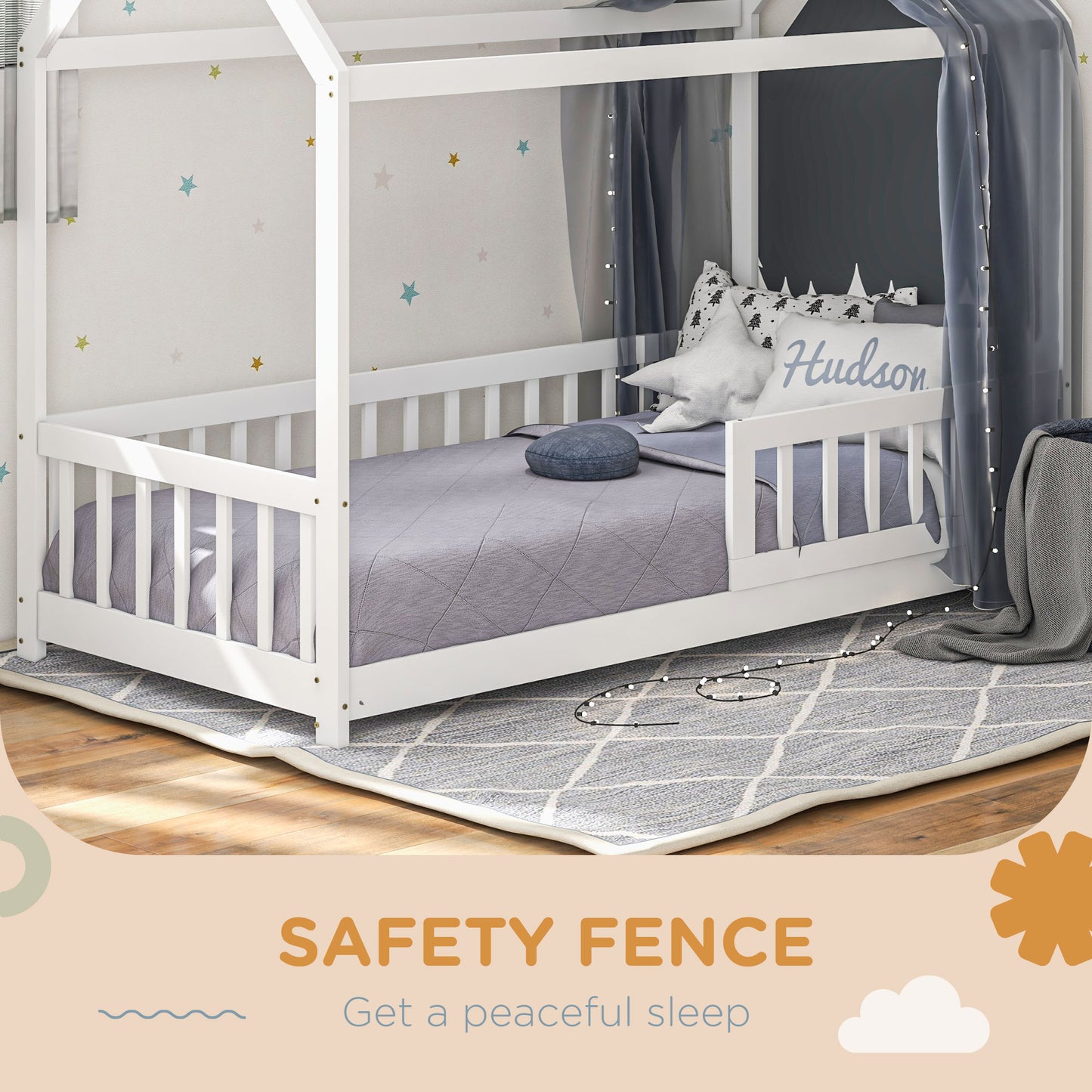 HOMCOM House-Shaped Kids Bed Frame with Safety Fence, Solid Pine Wood Single Bed Frame for Kids Boys and Girls