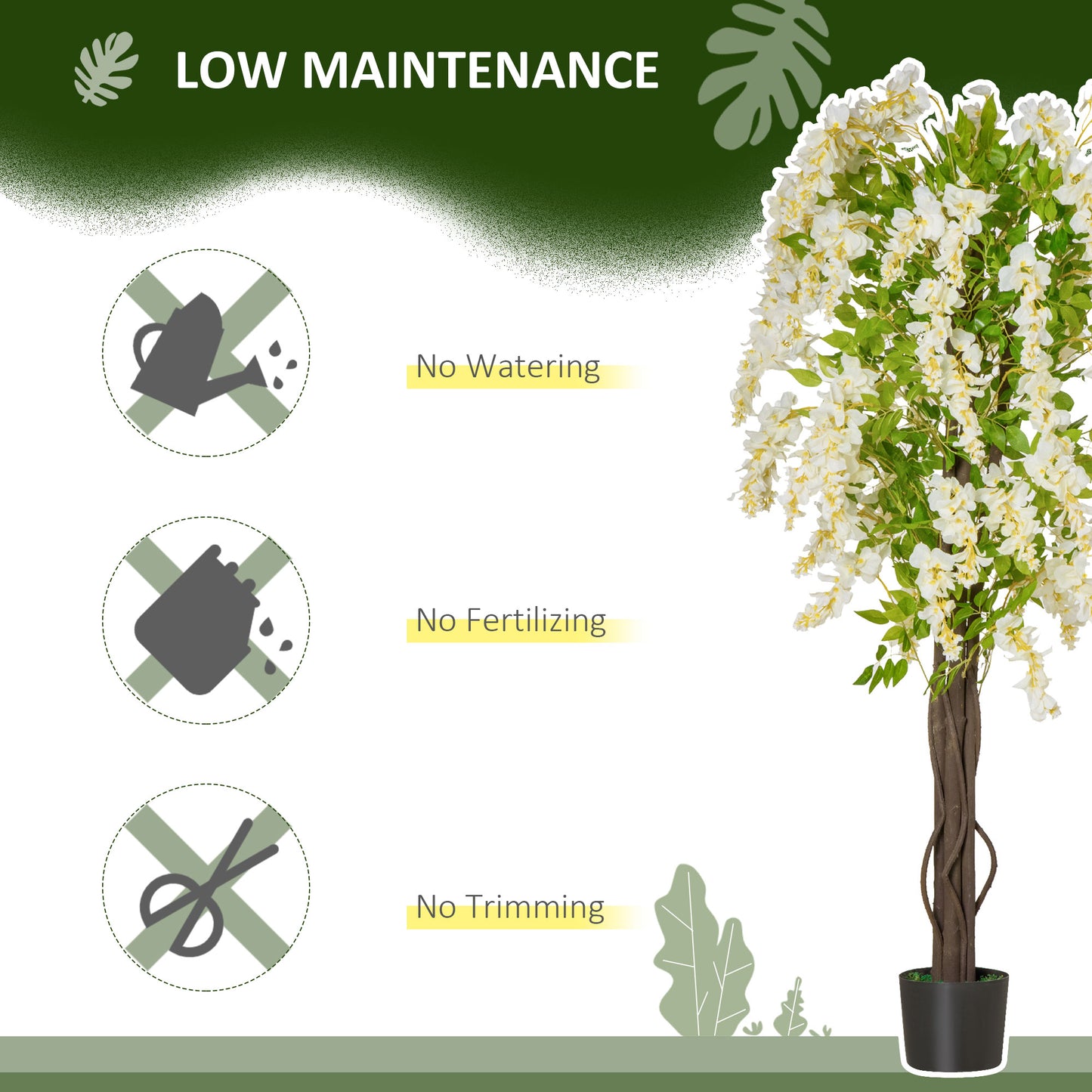 HOMCOM Artificial Realistic White Wisteria Tree Faux Decorative Plant in Nursery Pot for Indoor Décor, 160cm