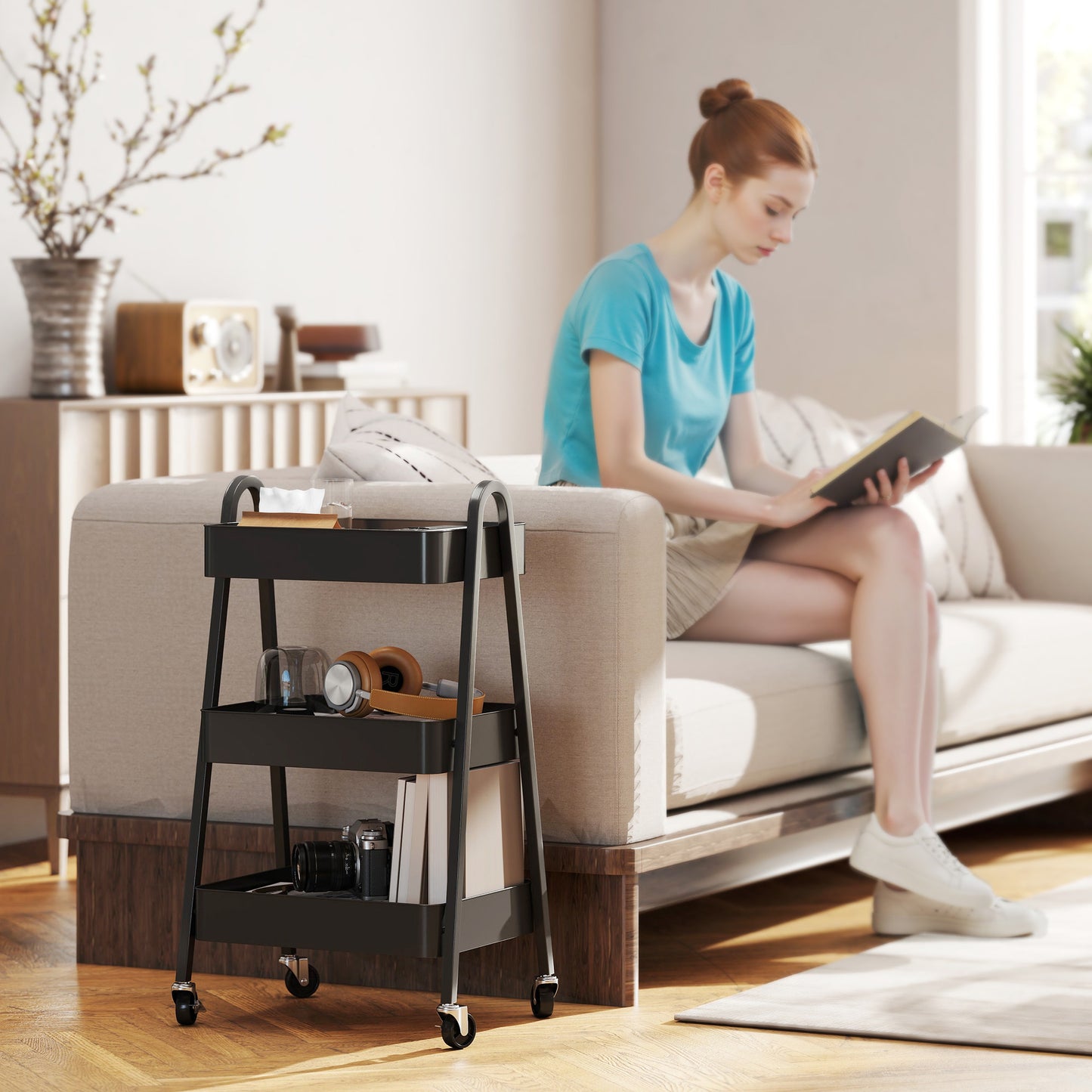 HOMCOM Three-Tier Storage Trolley - Black