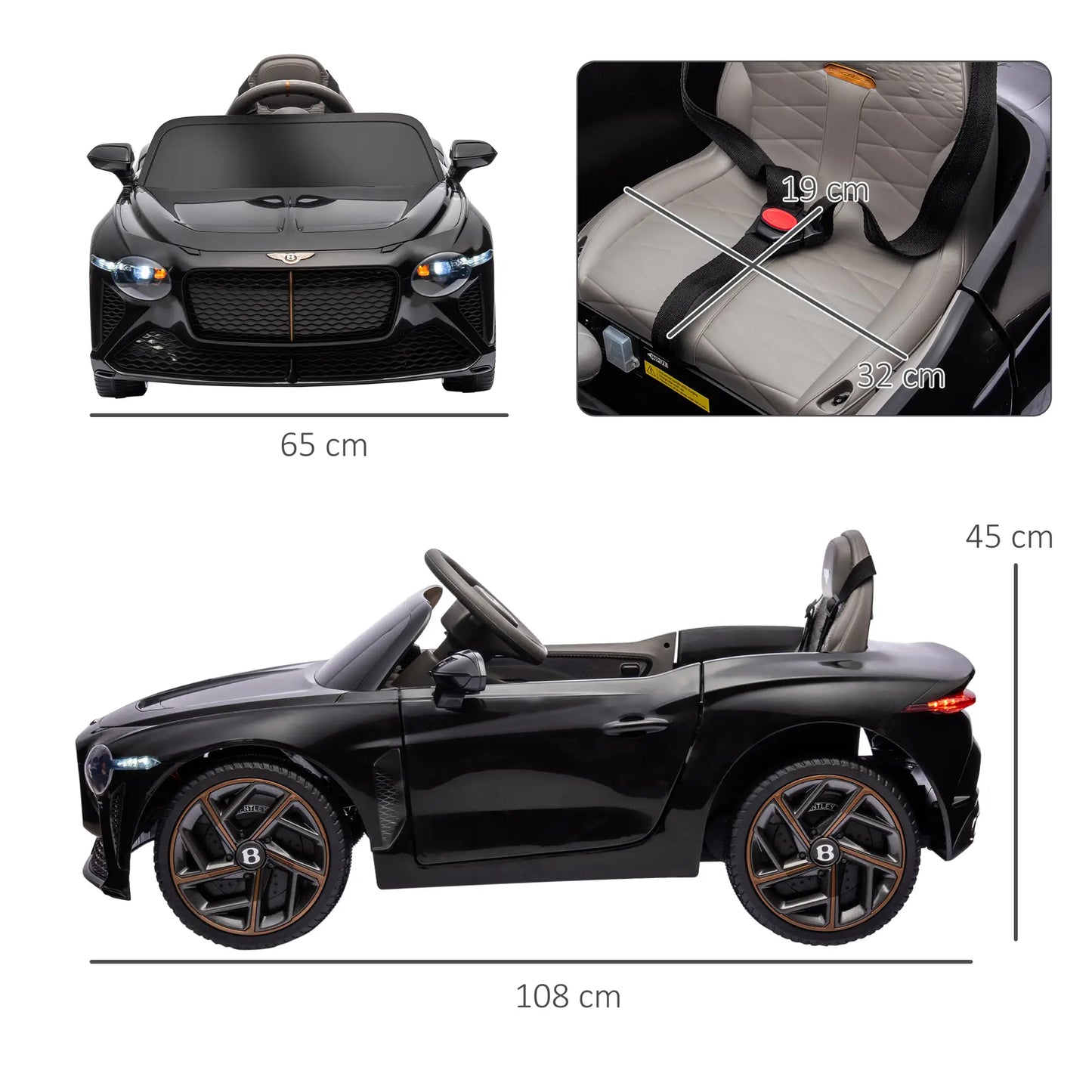 Bentley Bacalar Licensed 12V Kids Electric Car, with Remote Control, Horn, Lights, Music, Suspension Wheels, Black
