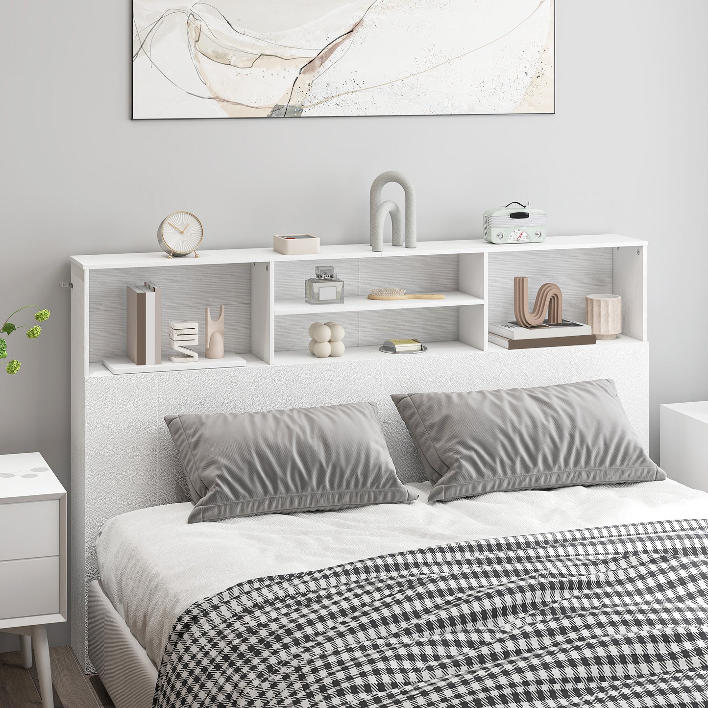 HOMCOM King-Size Headboard with Storage, Freestanding Bed Headboard with 4 Open Compartments for Bedroom, White