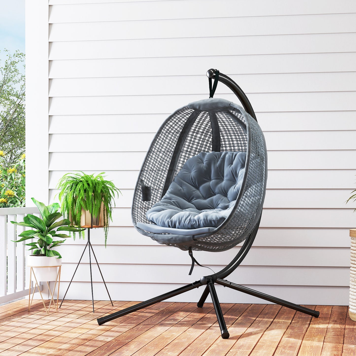 Outsunny Outdoor Swing Chair with Thick Padded Cushion, Patio Hanging Chair with Metal Stand, Egg Chair with Foldable Basket, Cup Holder, for Indoor and Outdoor, Dark Grey