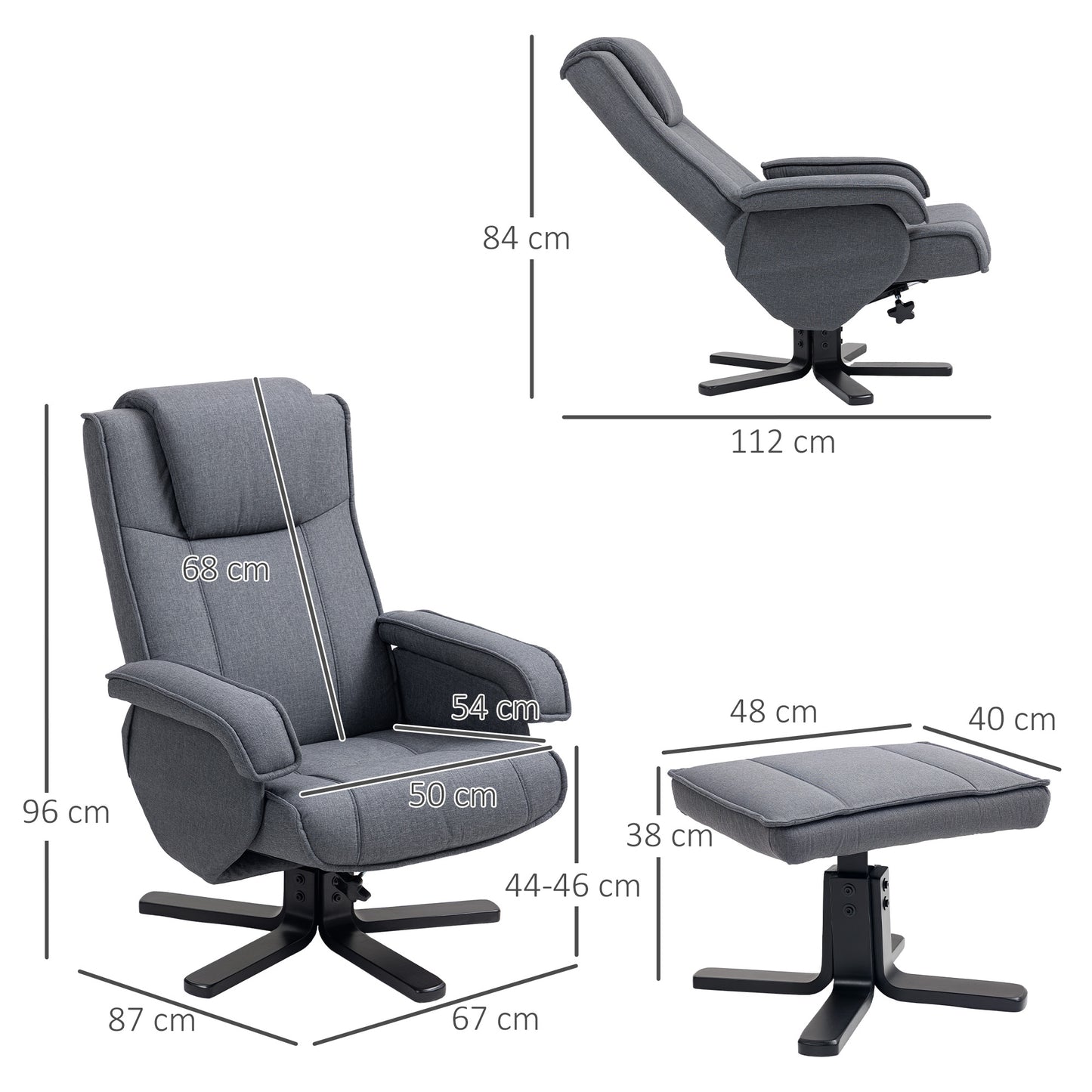 HOMCOM Swivel Recliner Chair with Footstool - Charcoal Grey Linen