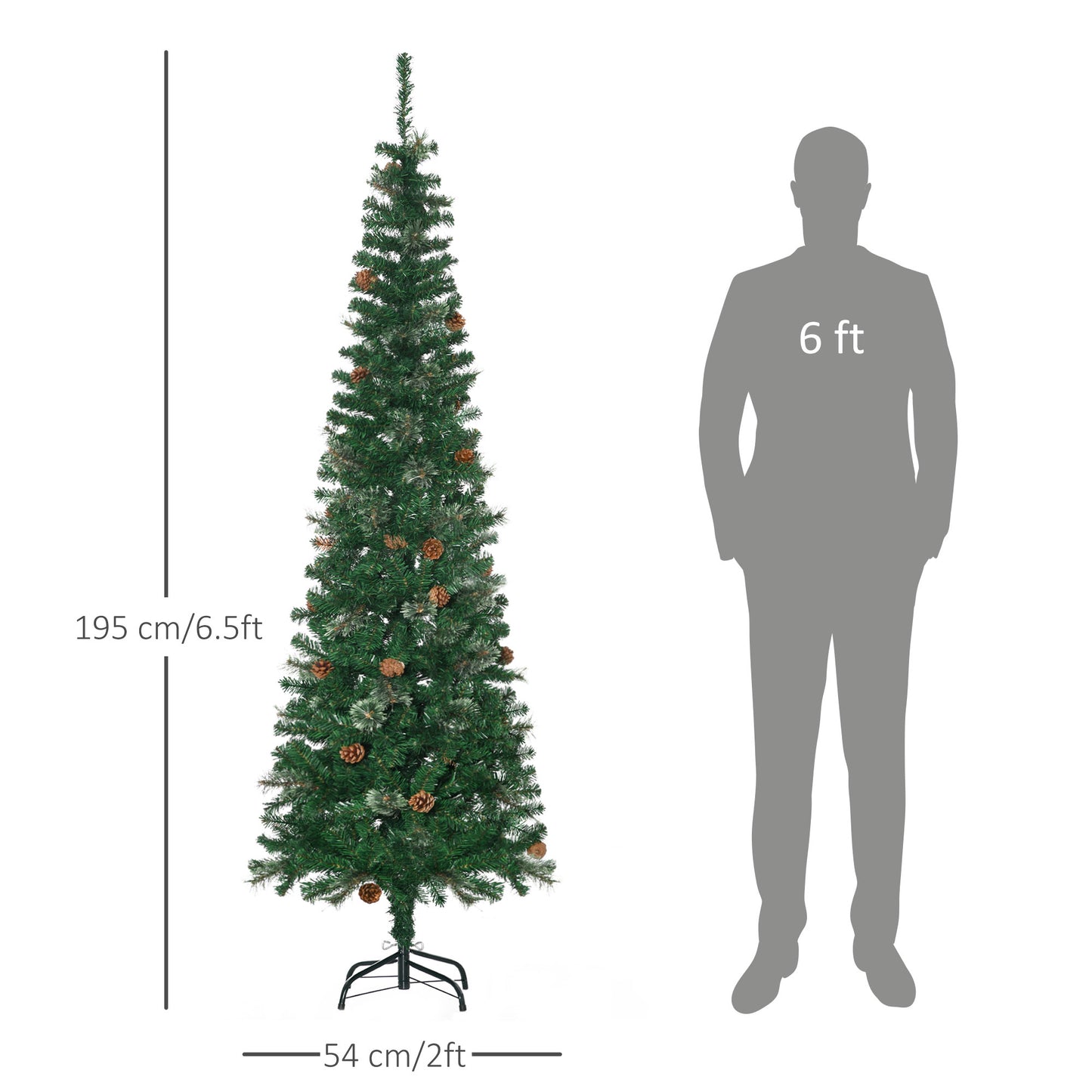 HOMCOM 6.5FT Tall Pencil Slim Artificial Christmas Tree with Realistic Branches, Tip Count and Pine Cones, Pine Needles Tree, Xmas Decoration, Green