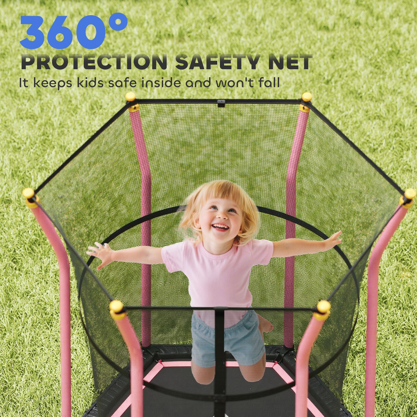 HOMCOM Kids Trampoline Mini Bouncer with Enclosure Safety Net For Ages 3-10 Years - Pink