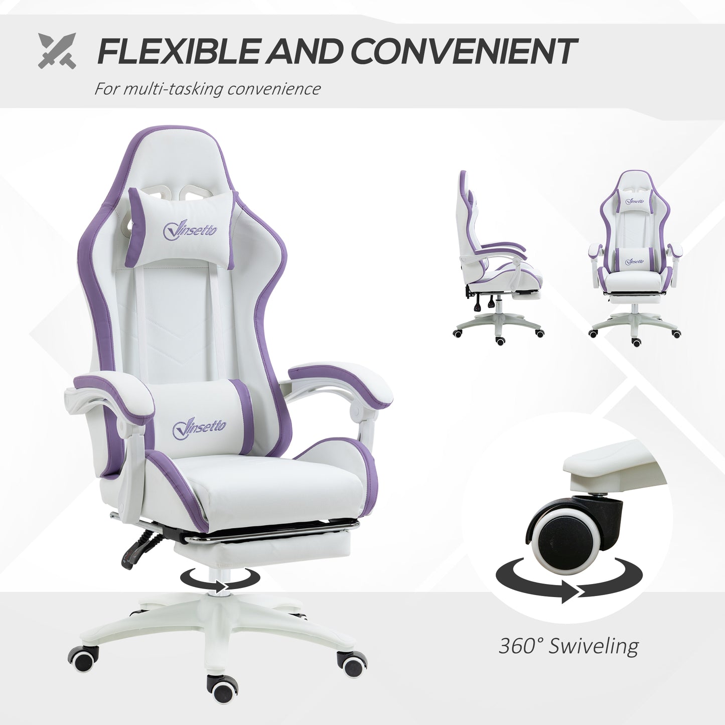 Vinsetto Computer Gaming Chair, PU Leather Office Desk Chair with Footrest, Swivel Wheels, 135° Reclining Back, Lumbar Support, Headrest for Home, White and Purple
