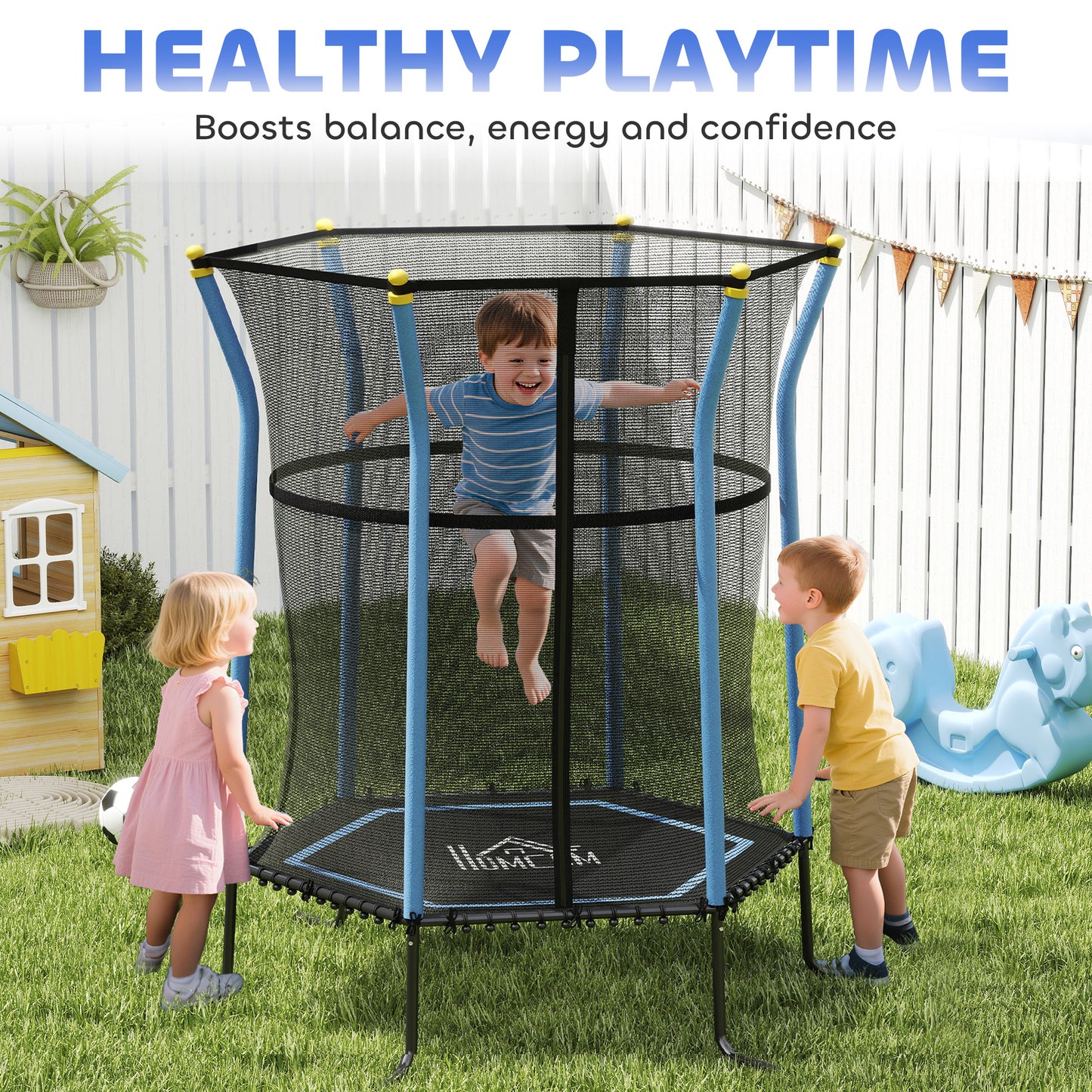 HOMCOM Kids Trampoline Mini Bouncer with Enclosure Safety Net For Ages 3-10 Years - Blue