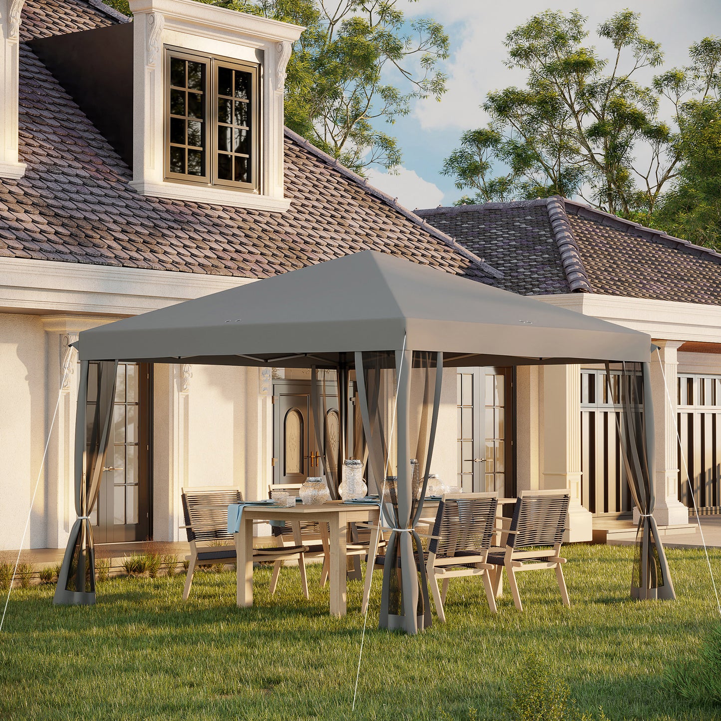 Outsunny 3 x 3Â m Pop Up Gazebo, 420D Garden Tent Canopy with Removable Mesh Sidewall Netting, Carry Bag for Garden Patio Outdoor, Light Grey