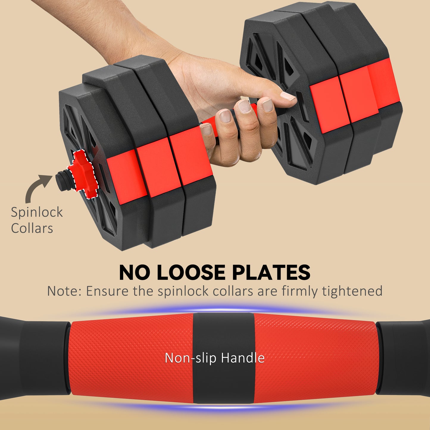 SPORTNOW 4-in-1 Adjustable Weight Dumbbells Set, Used as Kettlebell, Barbell, Dumbbell, Push-Up Stand, 30kg Free Weights Set for Men and Women Home Gym Training, Red
