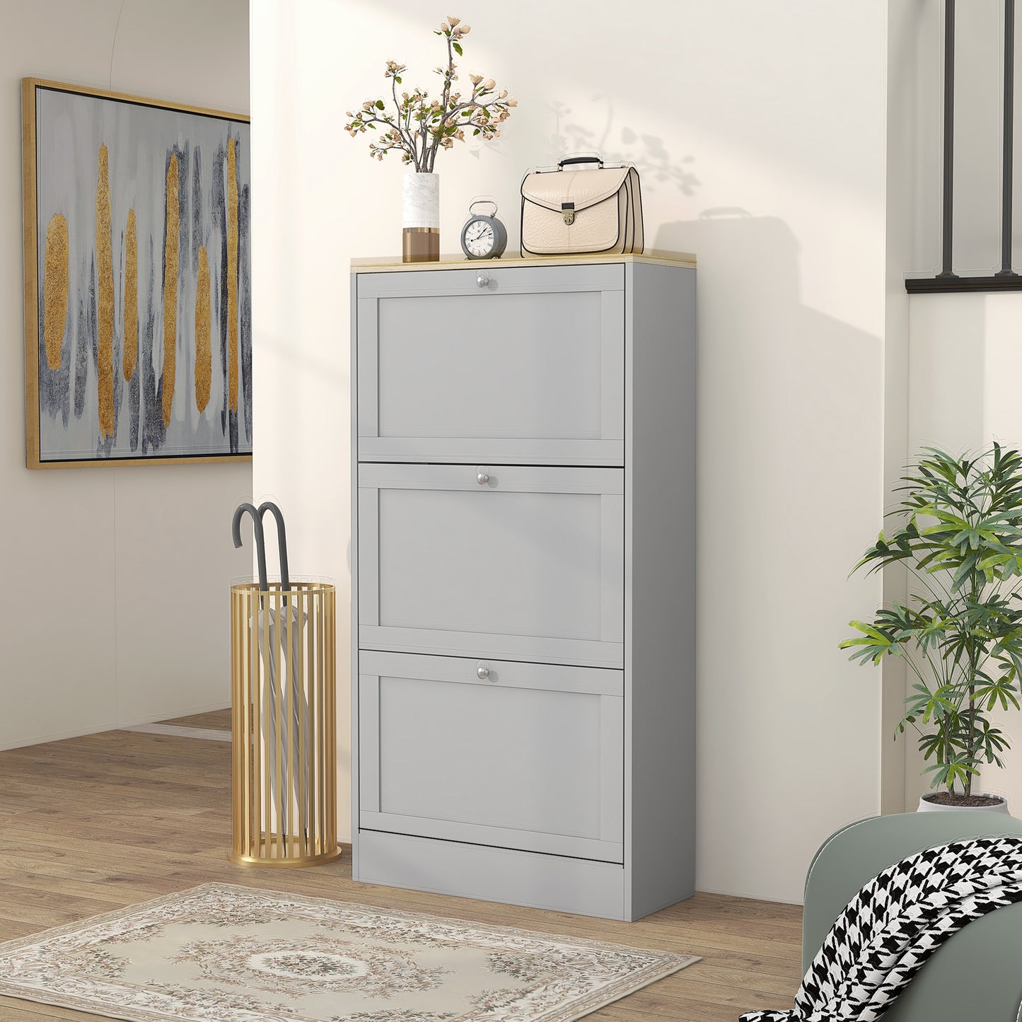 HOMCOM Modern Compact Three-Drawer Shoe Storage Cabinet - Grey