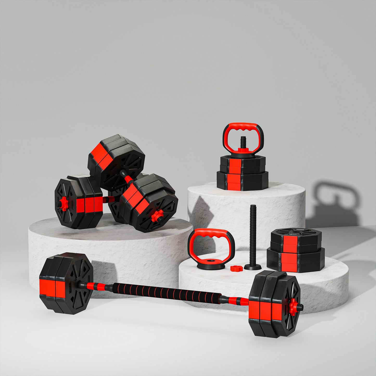 SPORTNOW 4-in-1 Adjustable Weight Dumbbells Set, Used as Kettlebell, Barbell, Dumbbell, Push-Up Stand, 30kg Free Weights Set for Men and Women Home Gym Training, Red