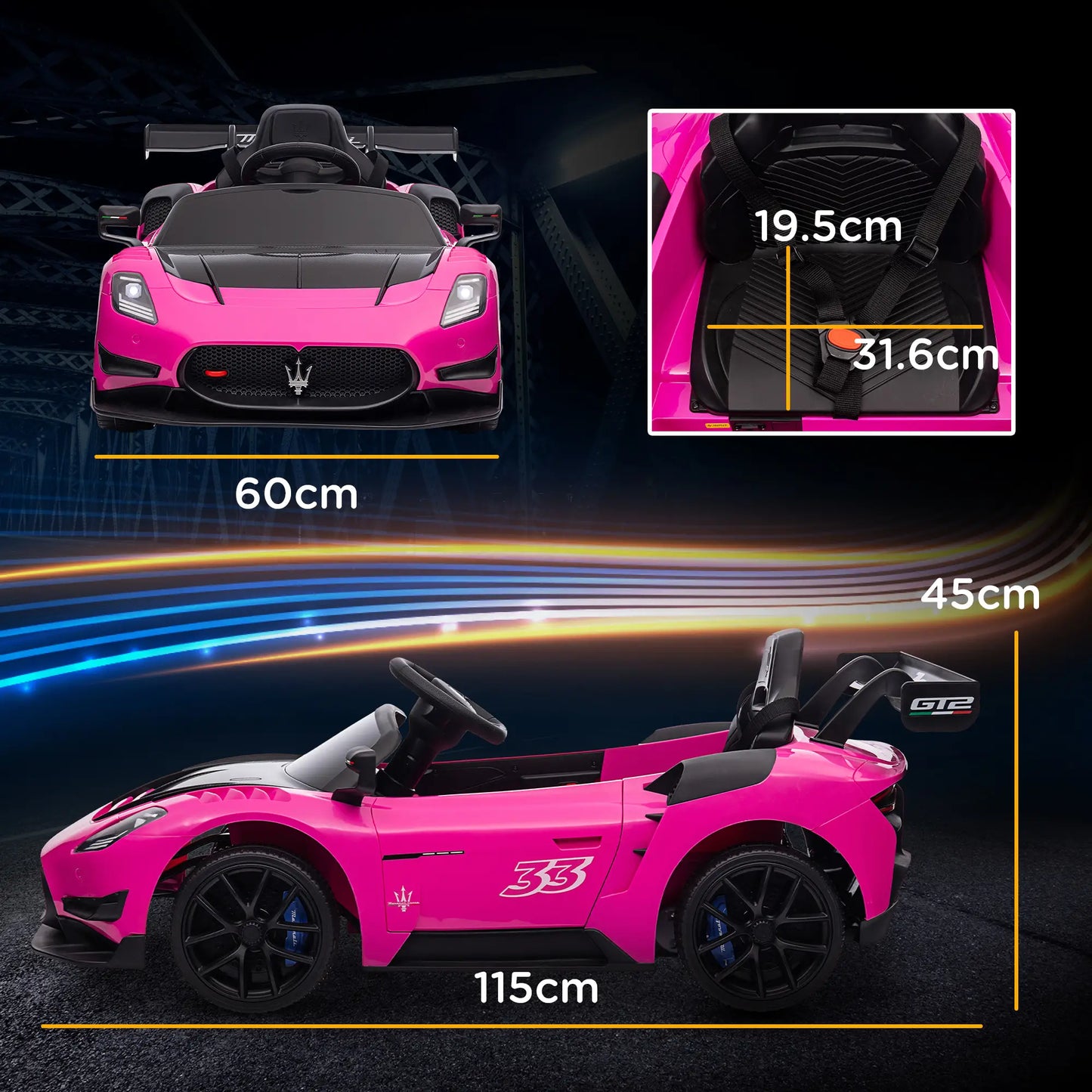 Maserati GT2 Licensed 12V Kids Electric Ride on Car with 4 Suspension Wheels, Remote Control, Music, Horn, Lights, Pink