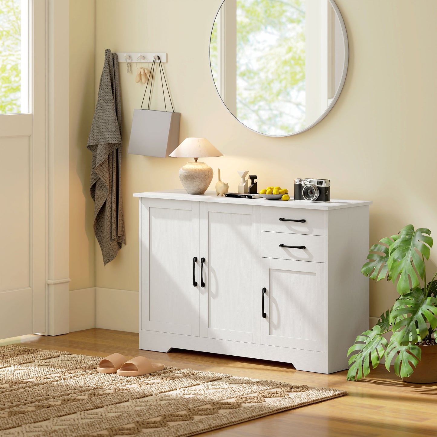 HOMCOM Sideboard with 2 Drawers Modern Storage Cabinet, Kitchen Cupboard with Adjustable Shelf and 3 Doors White
