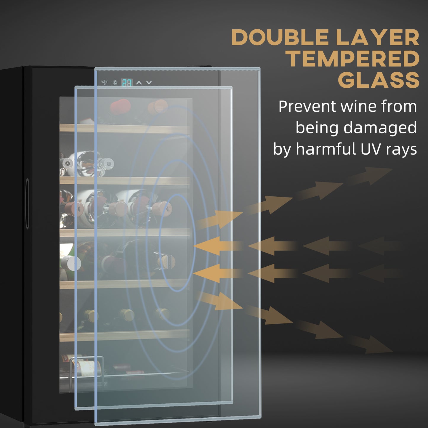 HOMCOM 24 Bottle Wine Fridge, 65 Litre Capacity, 43cm Freestanding Wine Cooler Fridge with Glass Door, LED Light, Digital Touch Screen, Temperature Control, Black