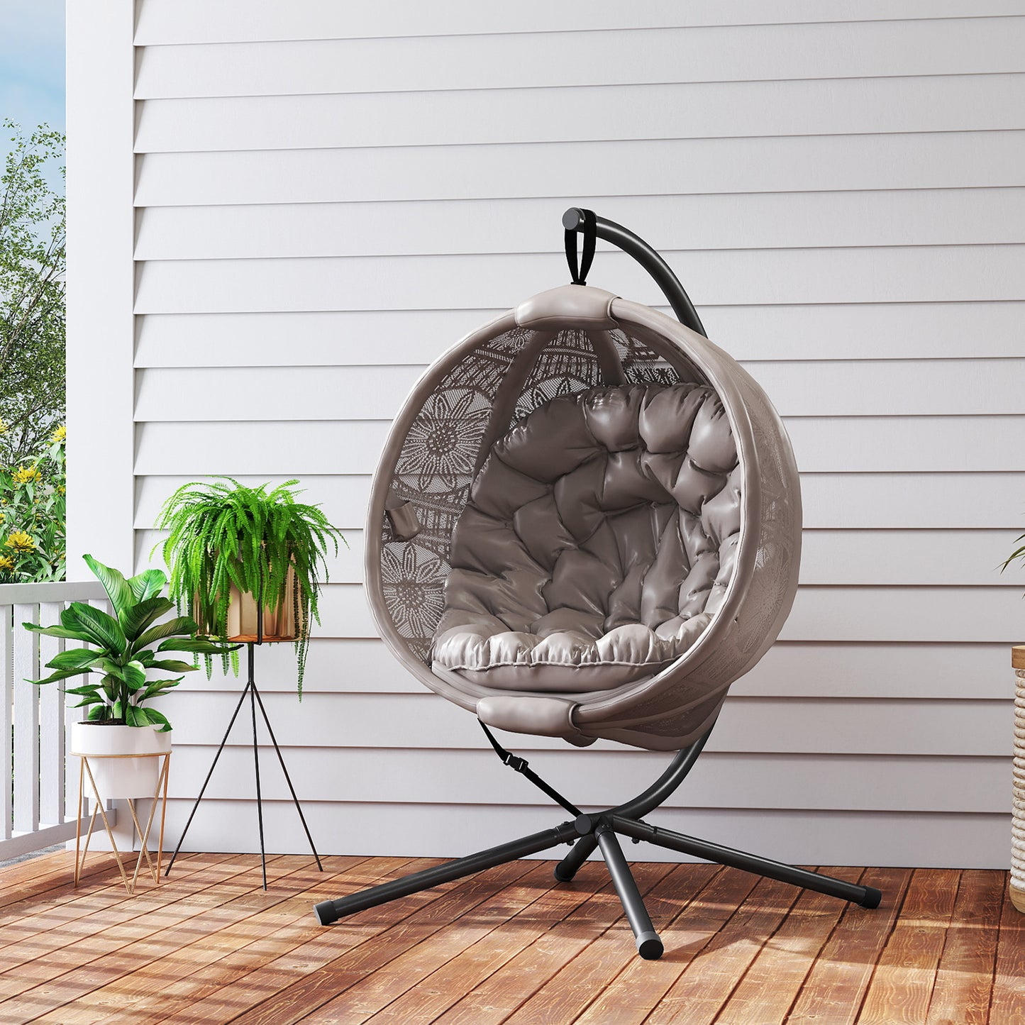 Outsunny Round Egg Basket Chair, with Steel Stand, Sand