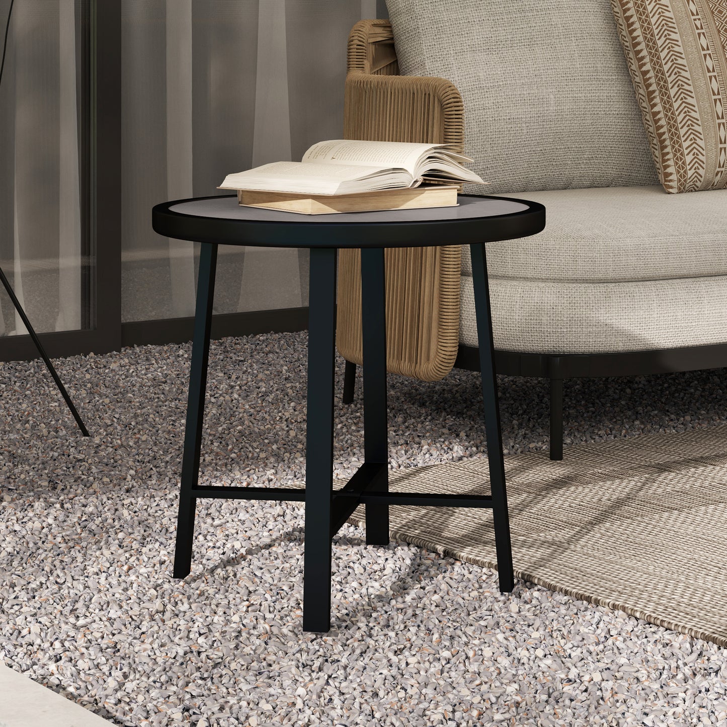 Outsunny Round Small Garden Table, 50.5cm Outdoor Side Table with SPC Tabletop, Metal Frame and Anti-slip Foot Pads for Garden, Balcony, Grey Wood Effect